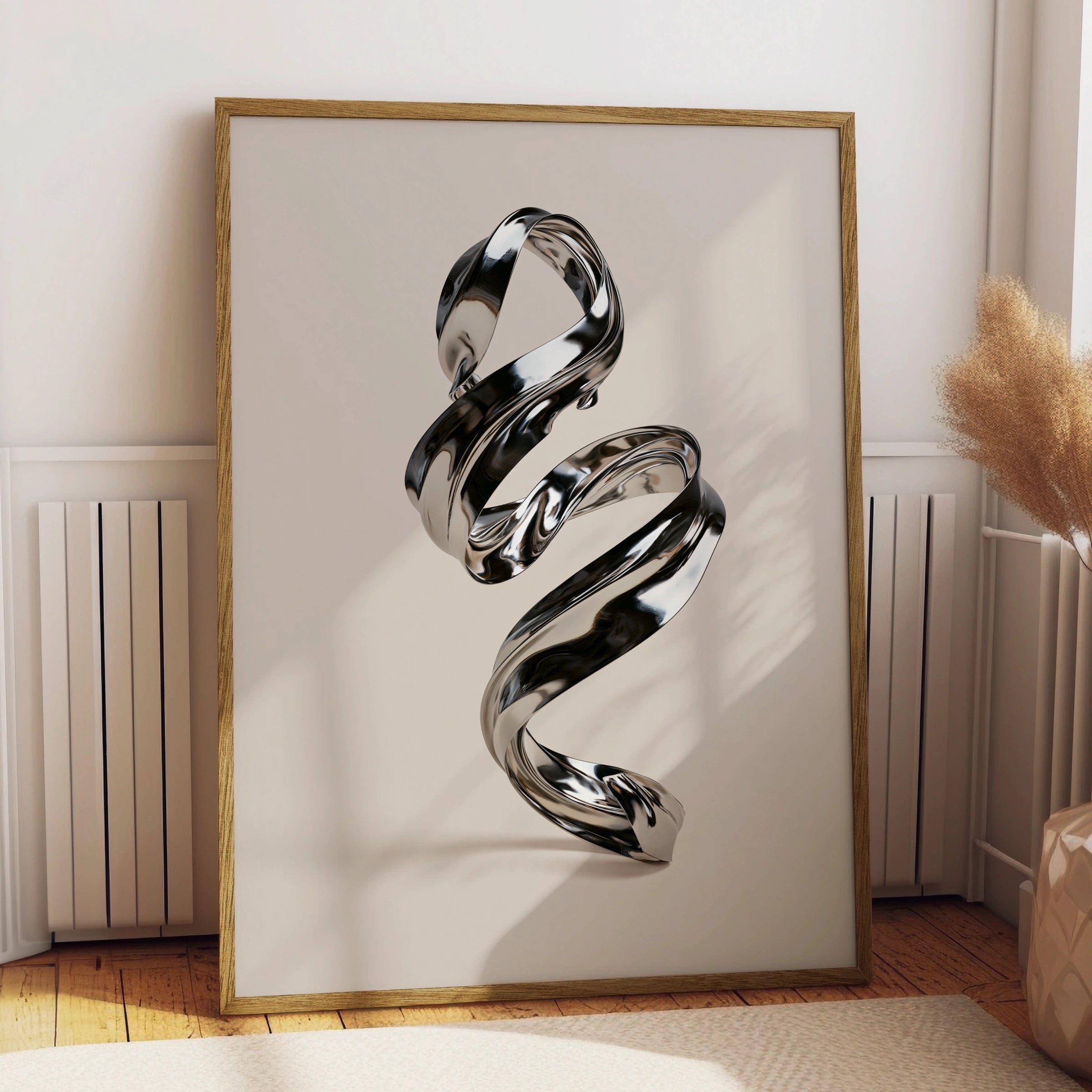 Chrome Spiral Abstract Poster, Metallic 3D Sculpture Art Print, Modern Minimal