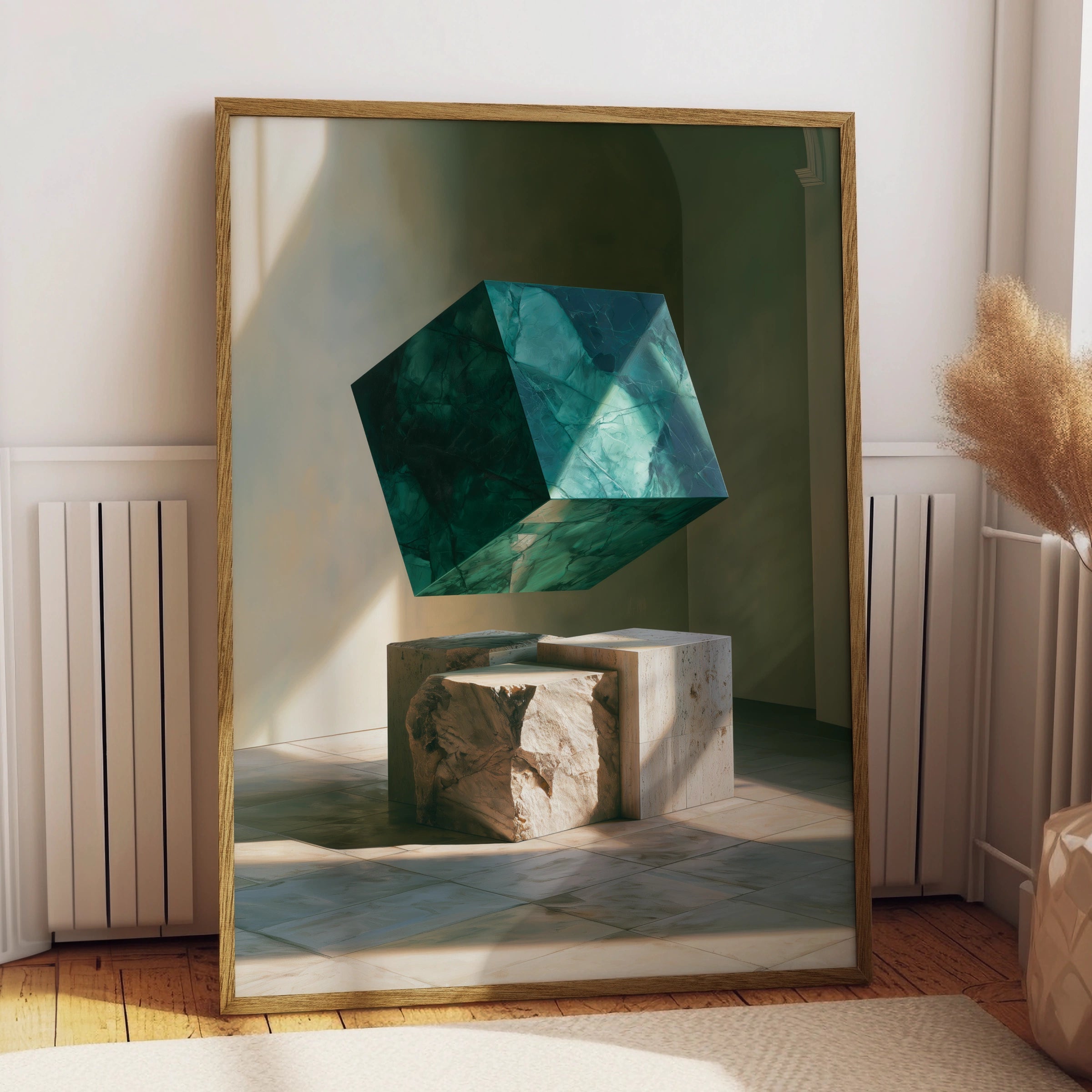 Emerald Marble Cube Sculpture Poster, Travertine Stone Art Print, Modern Minimalist