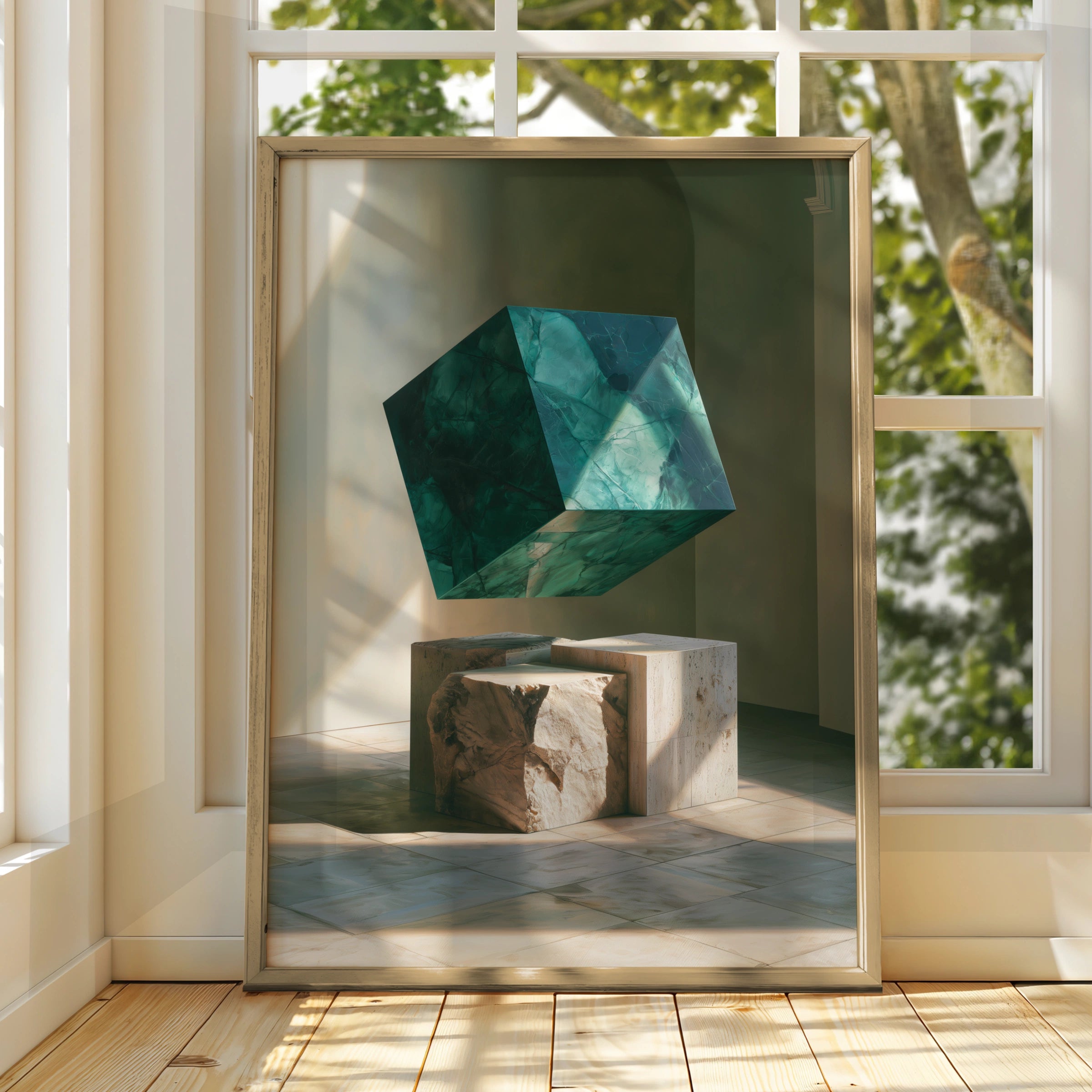 Emerald Marble Cube Sculpture Poster, Travertine Stone Art Print, Modern Minimalist