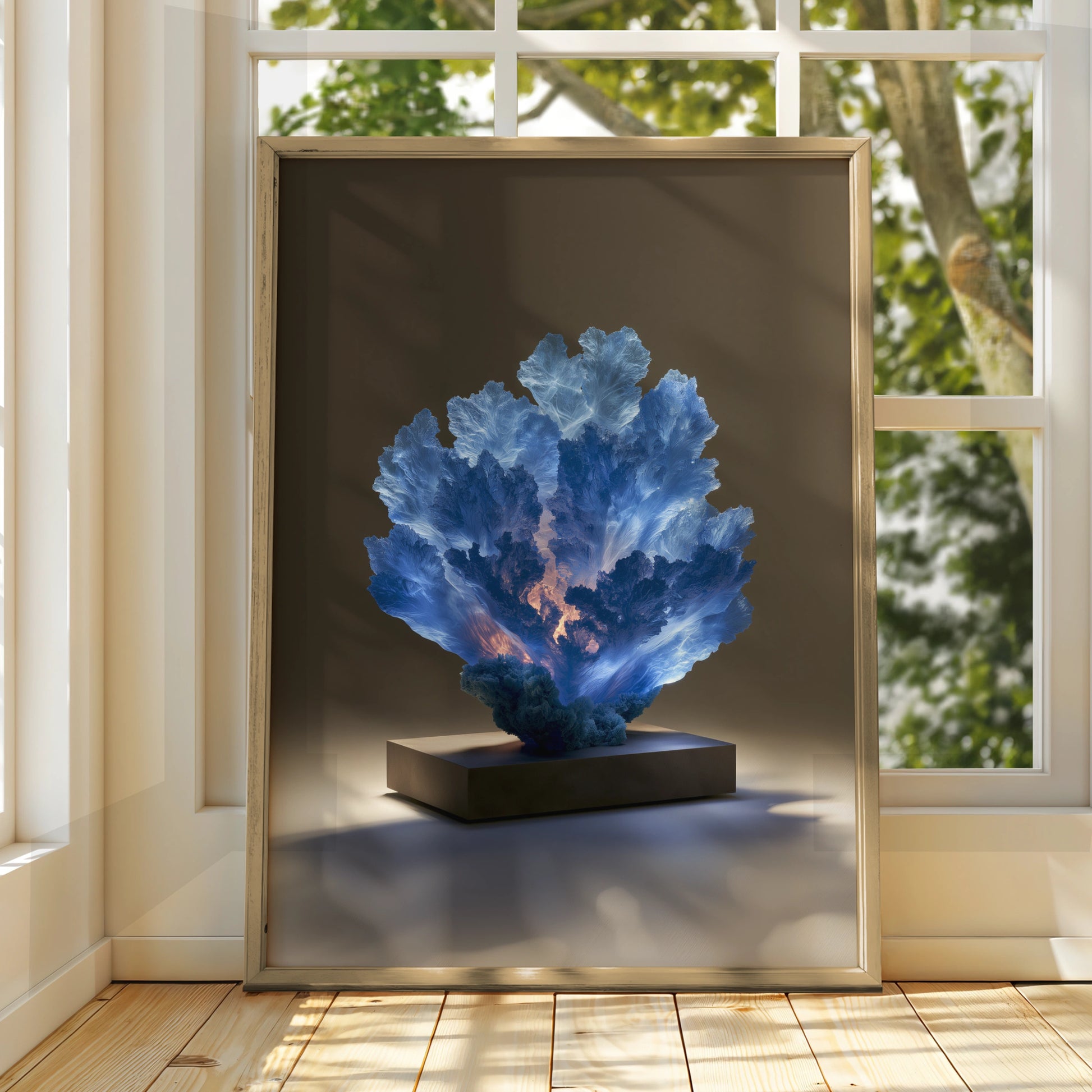 Sapphire Coral Sculpture Poster, Glowing Blue Ocean Art Print, Modern Wall Decor