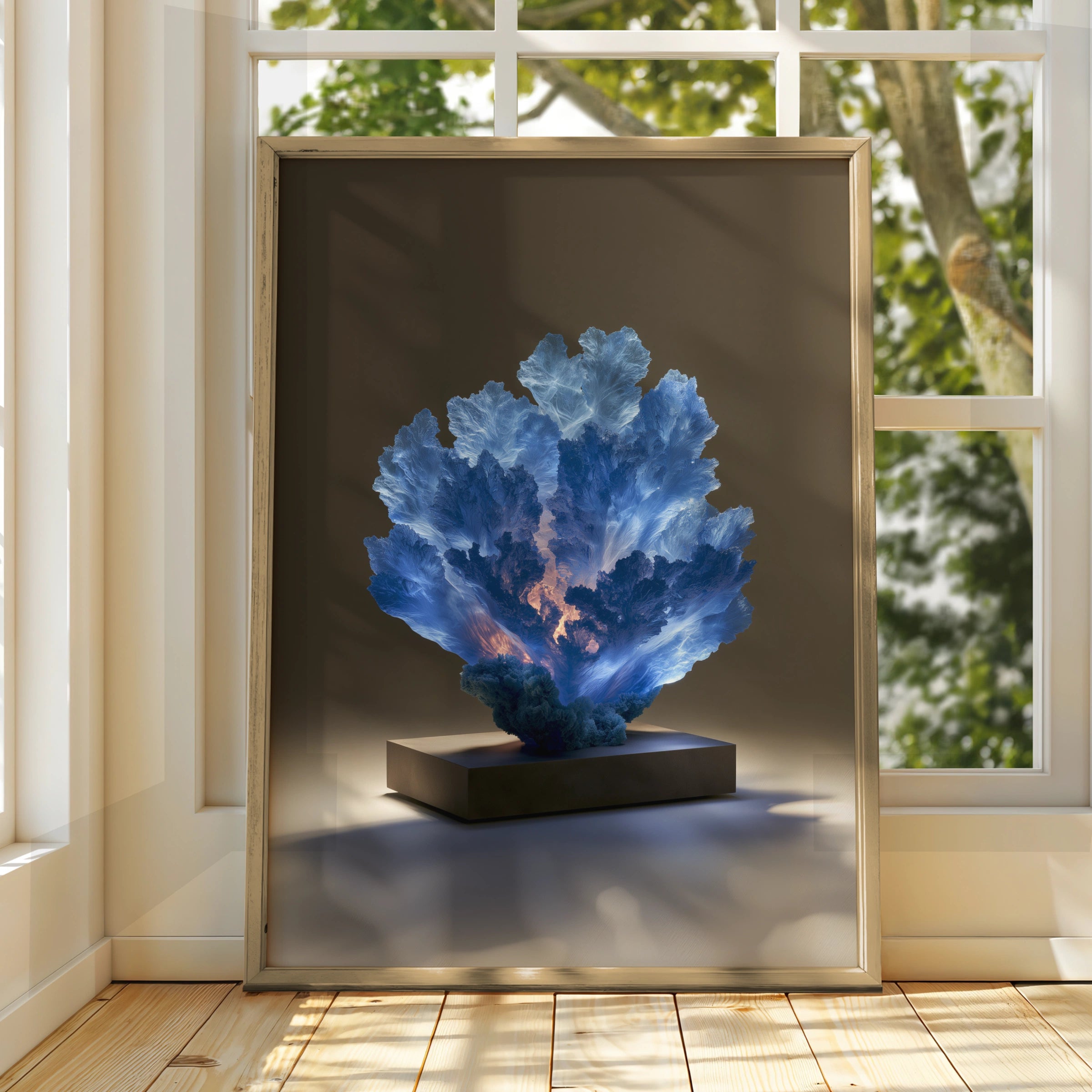 Sapphire Coral Sculpture Poster, Glowing Blue Ocean Art Print, Modern Wall Decor