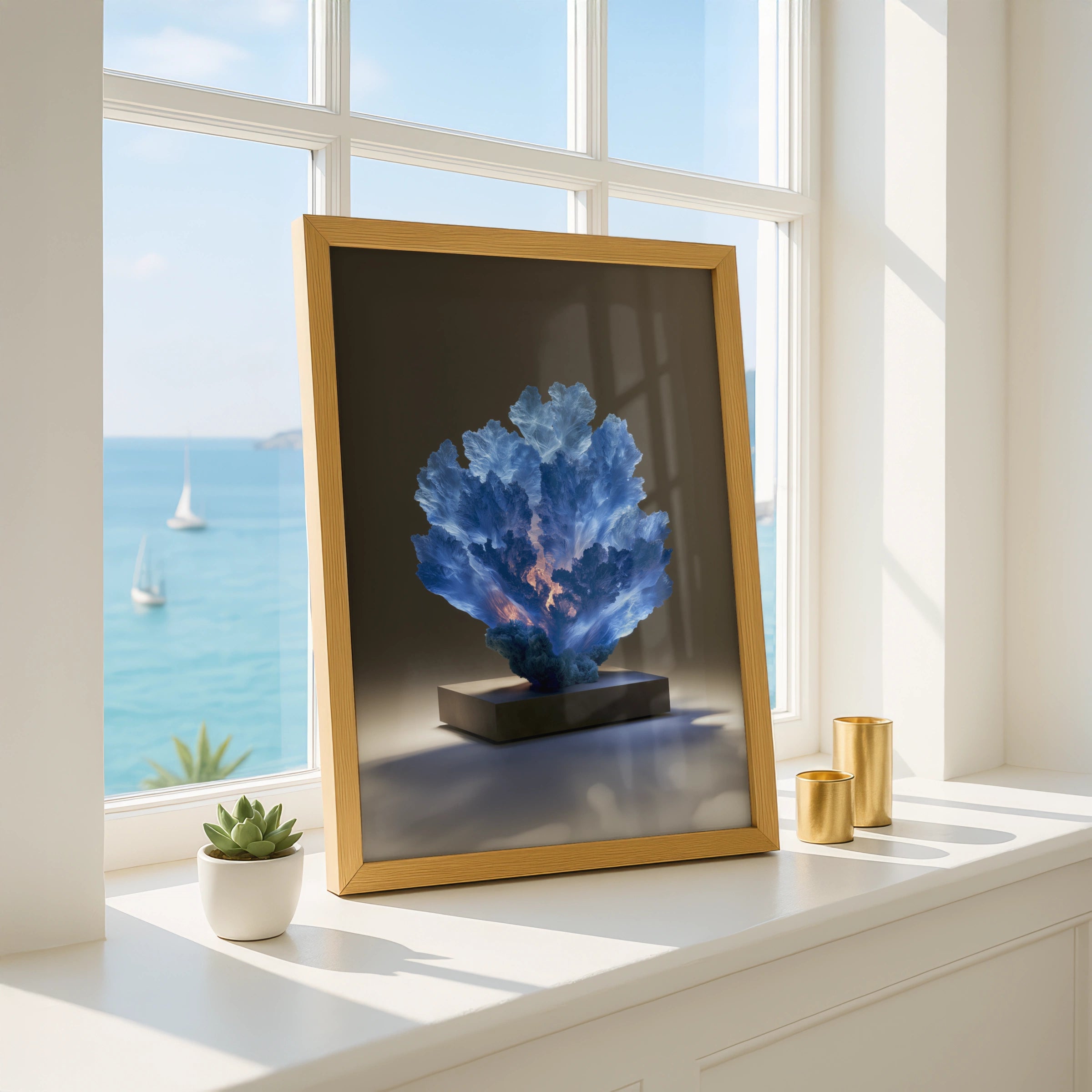 Sapphire Coral Sculpture Poster, Glowing Blue Ocean Art Print, Modern Wall Decor