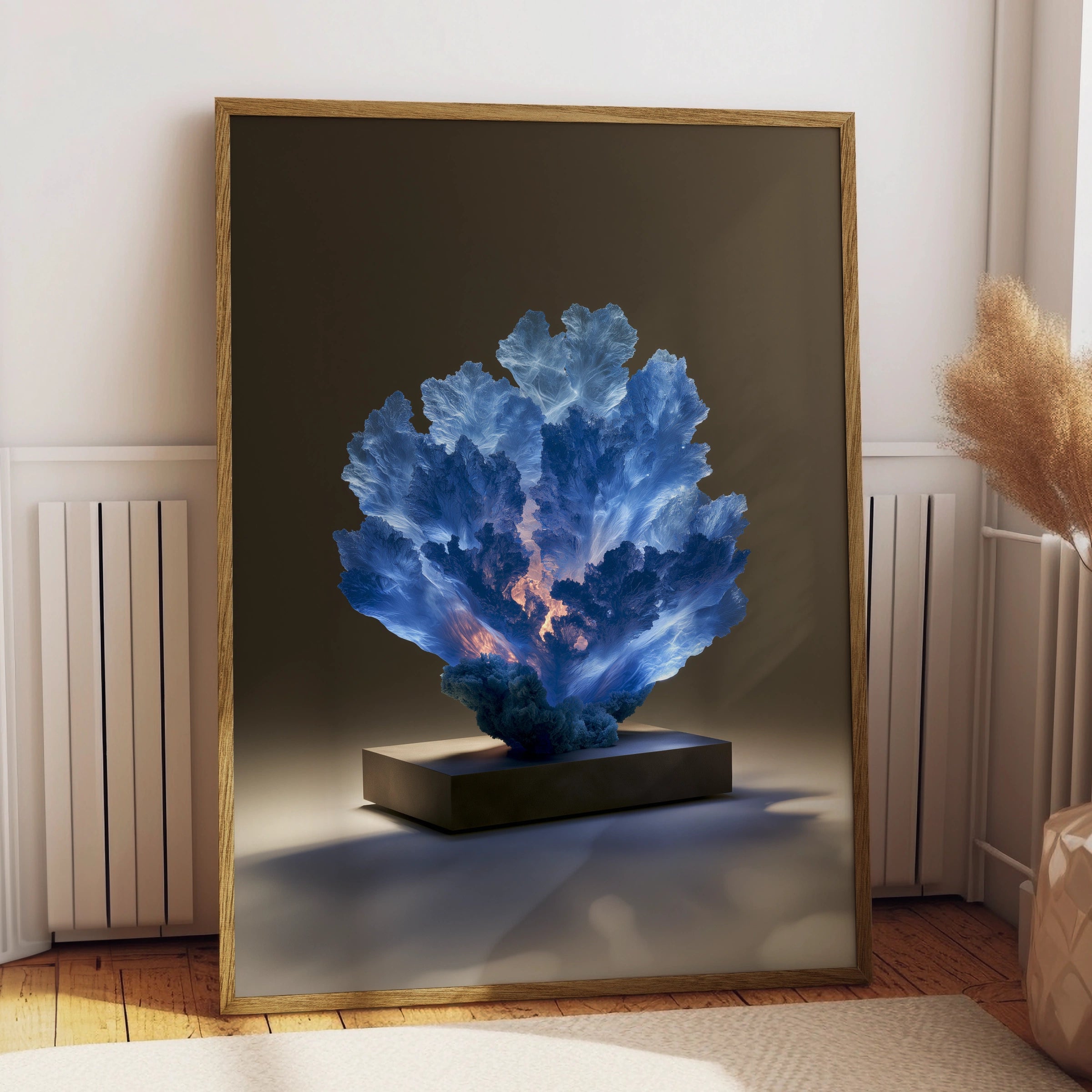 Sapphire Coral Sculpture Poster, Glowing Blue Ocean Art Print, Modern Wall Decor