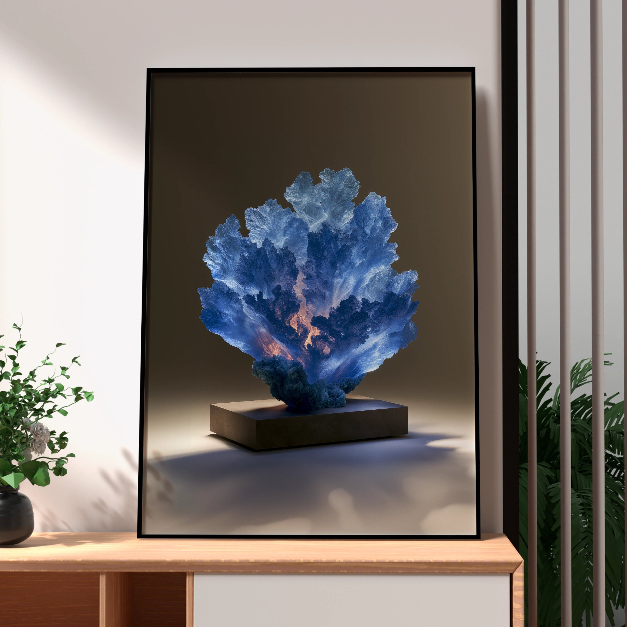 Sapphire Coral Sculpture Poster, Glowing Blue Ocean Art Print, Modern Wall Decor