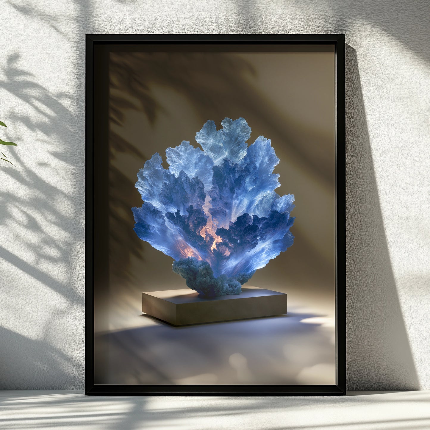 Sapphire Coral Sculpture Poster, Glowing Blue Ocean Art Print, Modern Wall Decor