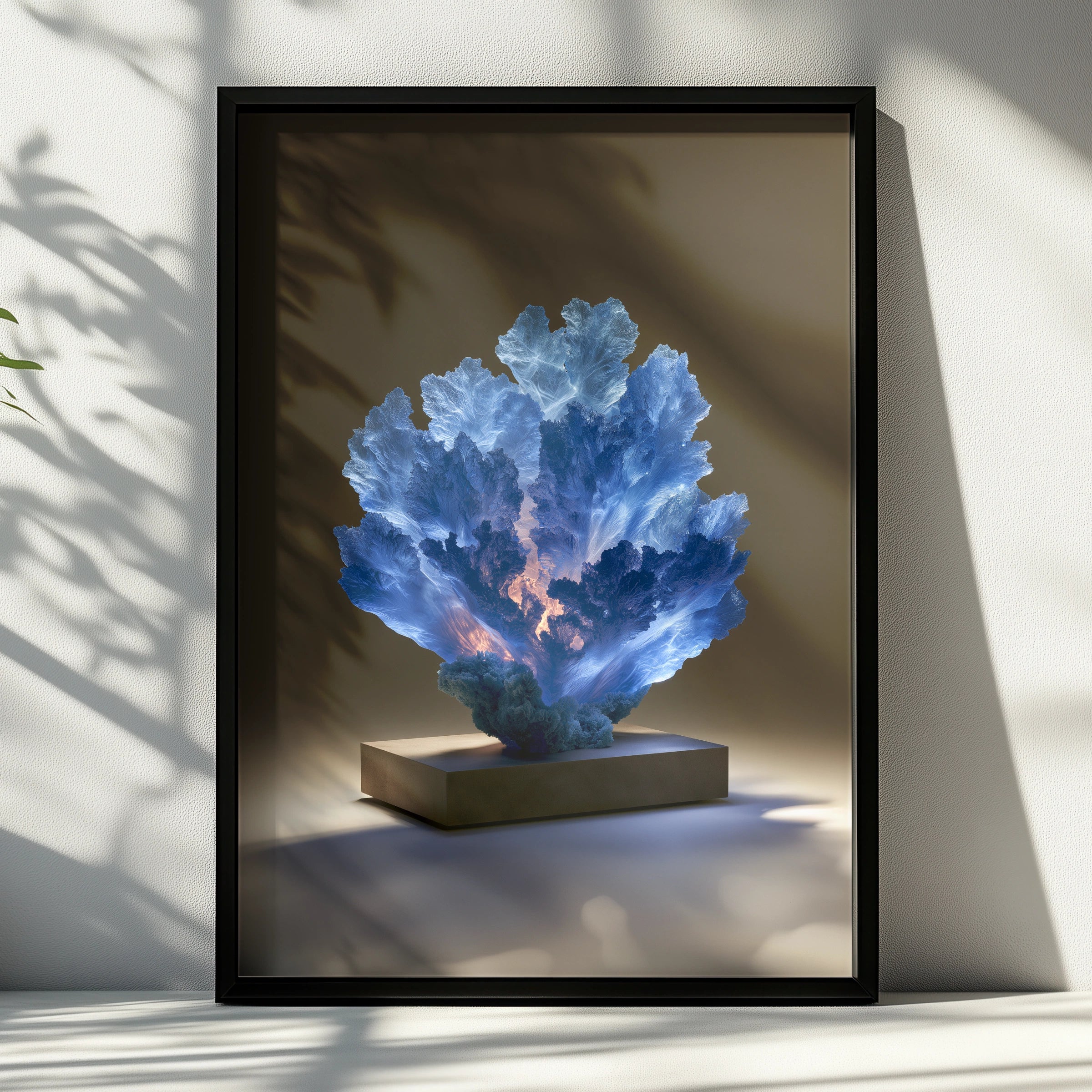 Sapphire Coral Sculpture Poster, Glowing Blue Ocean Art Print, Modern Wall Decor