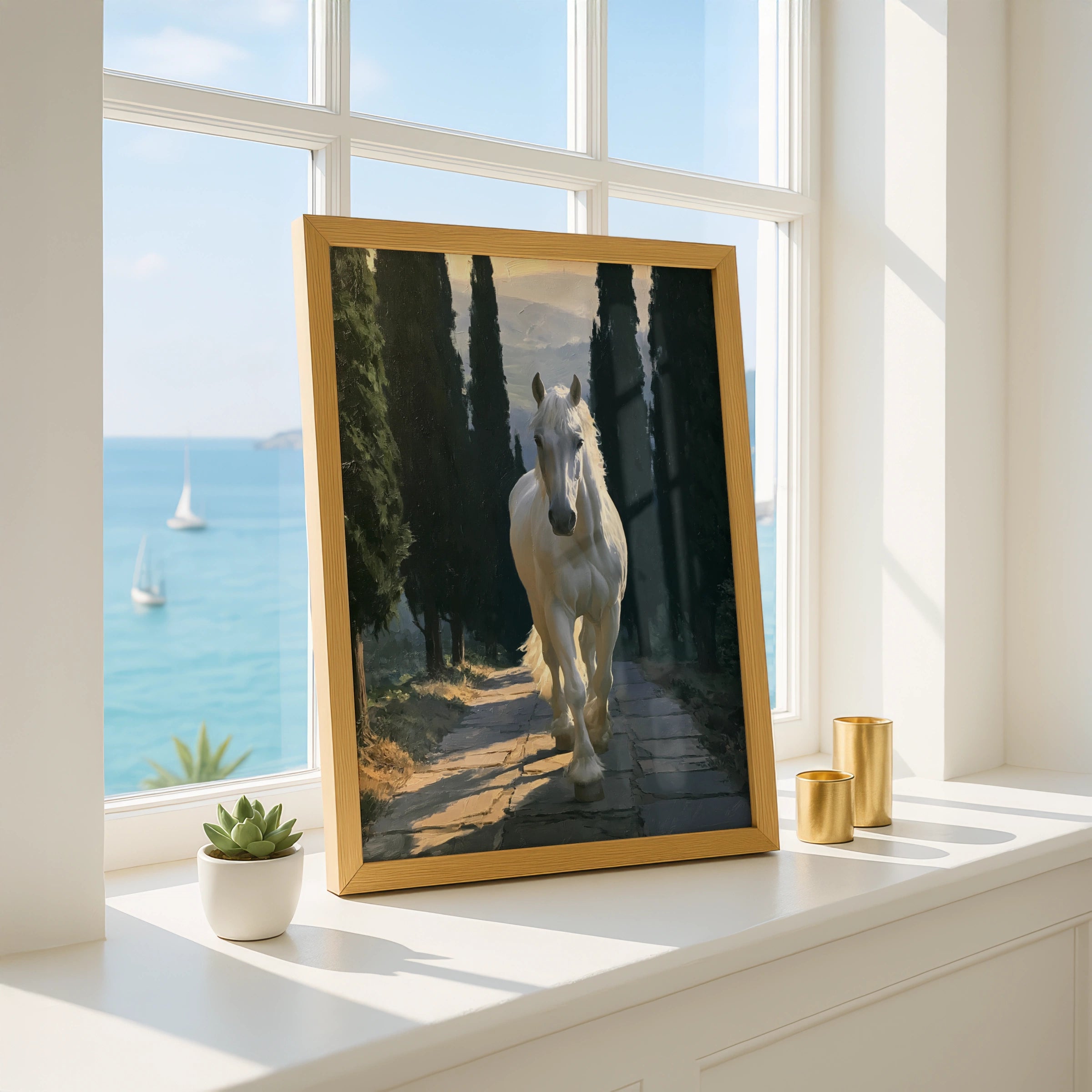 White Stallion Forest Path Poster, Oil Painting Style Horse Wall Art Print