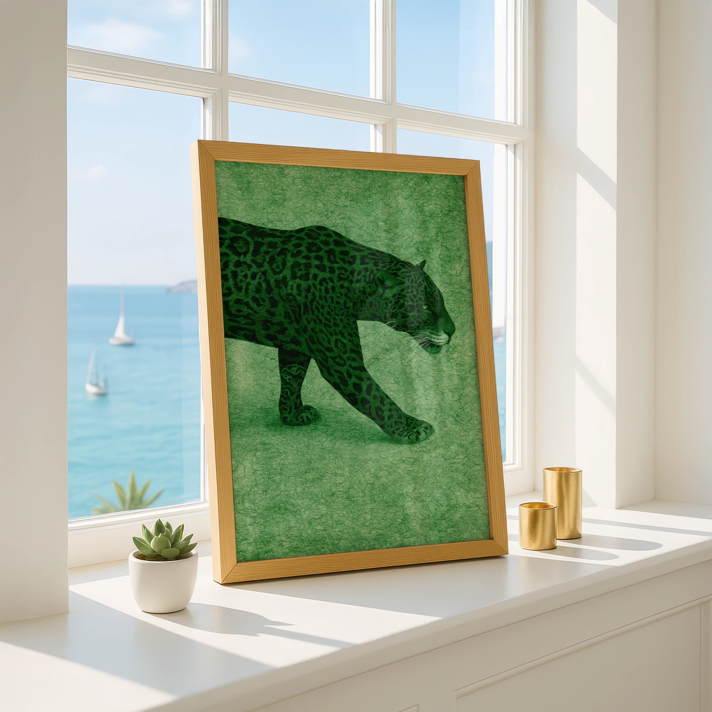 Jaguar Wall Art Poster, Green Big Cat Print, Wild Animal Illustration