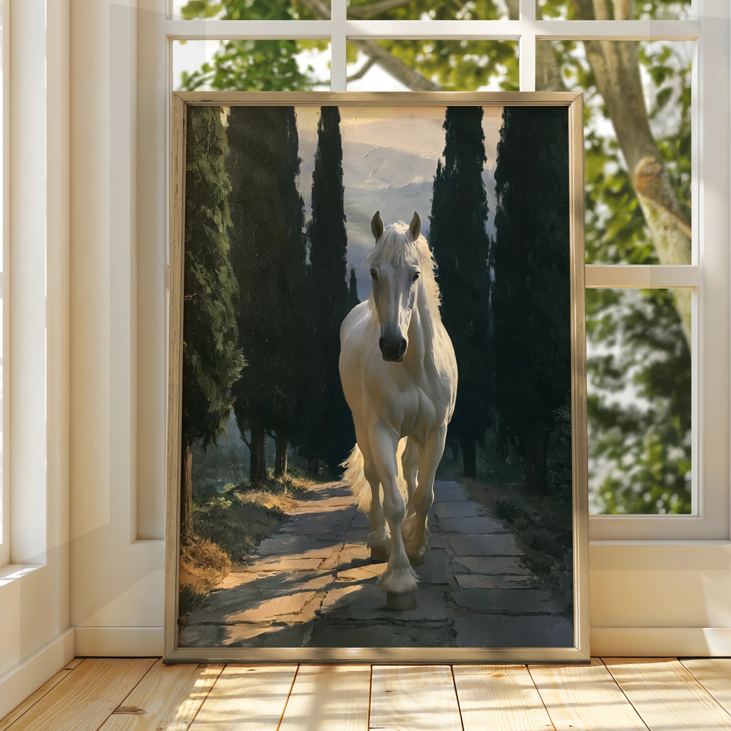 White Stallion Forest Path Poster, Oil Painting Style Horse Wall Art Print