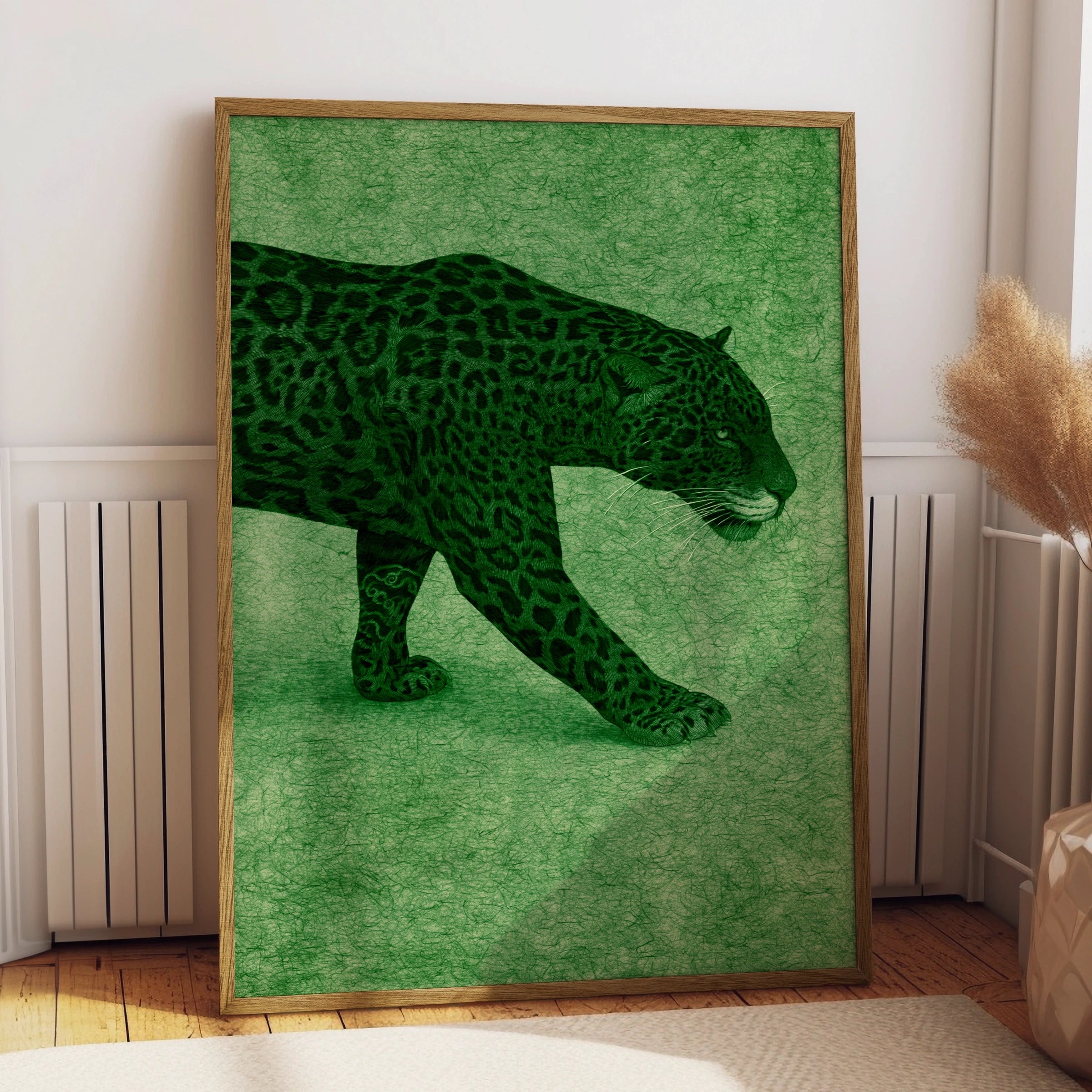 Jaguar Wall Art Poster, Green Big Cat Print, Wild Animal Illustration