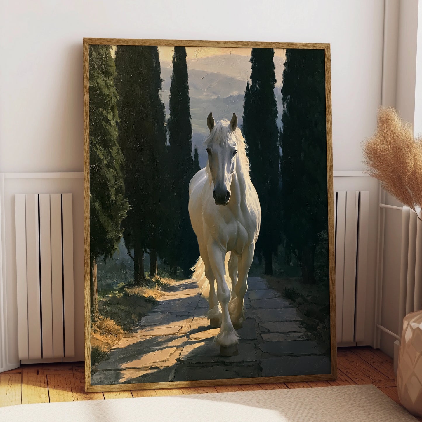 White Stallion Forest Path Poster, Oil Painting Style Horse Wall Art Print