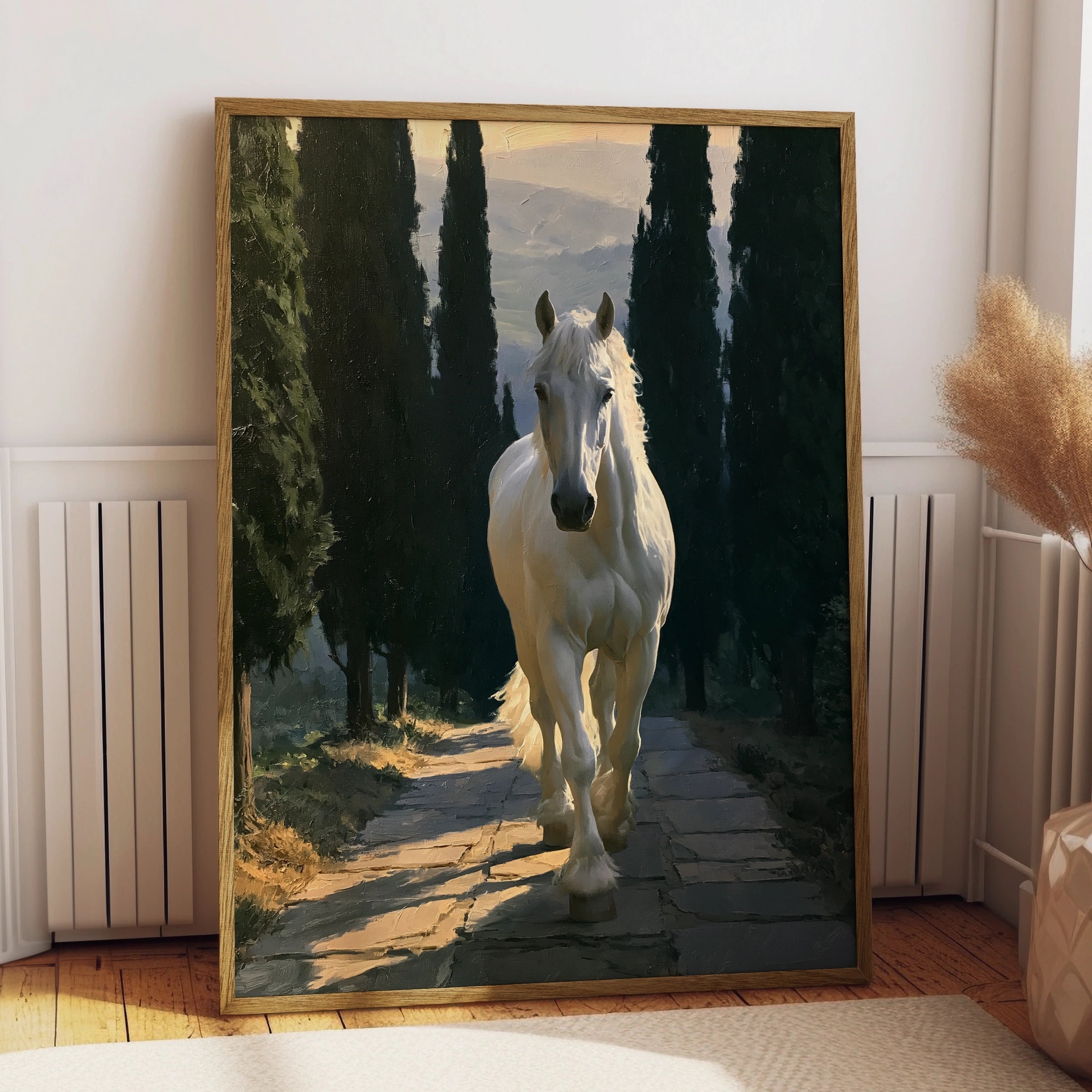 White Stallion Forest Path Poster, Oil Painting Style Horse Wall Art Print