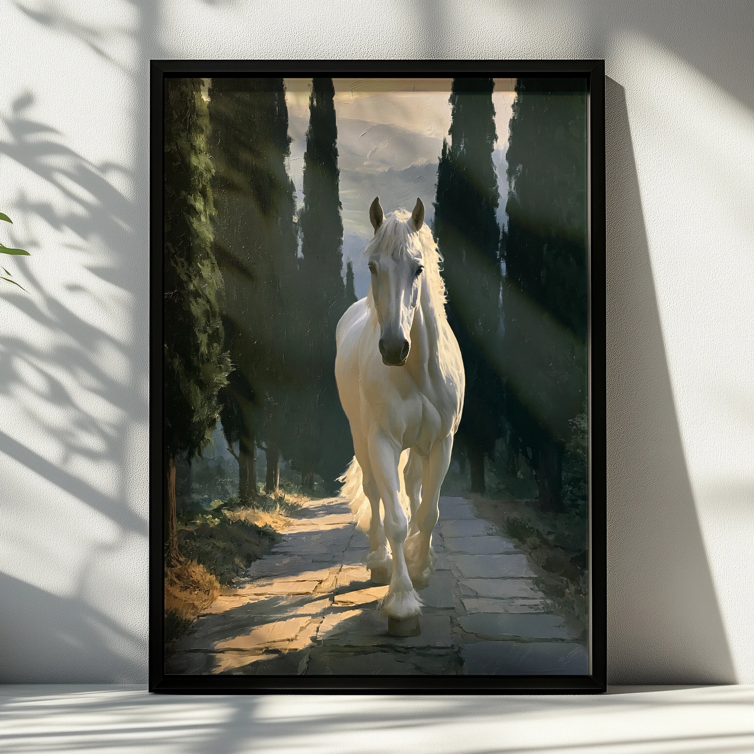 White Stallion Forest Path Poster, Oil Painting Style Horse Wall Art Print