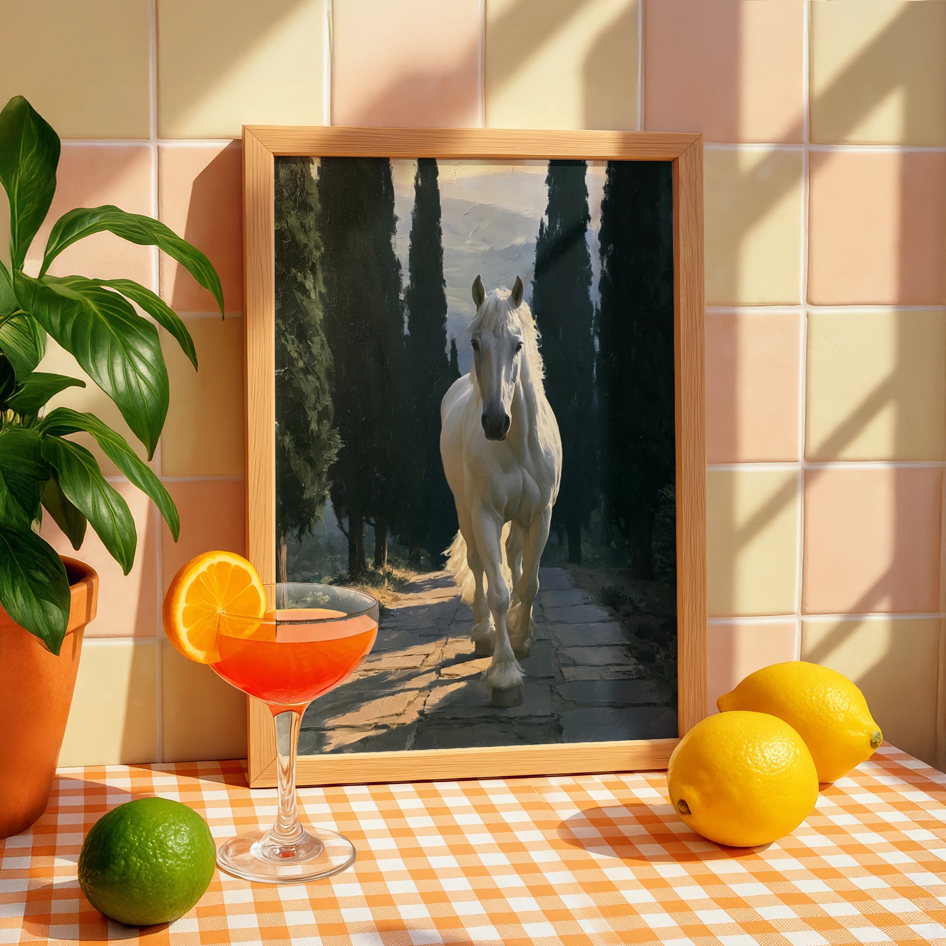 White Stallion Forest Path Poster, Oil Painting Style Horse Wall Art Print