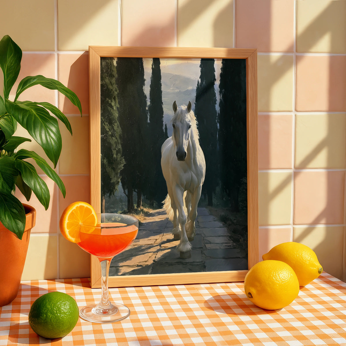 White Stallion Forest Path Poster, Oil Painting Style Horse Wall Art Print