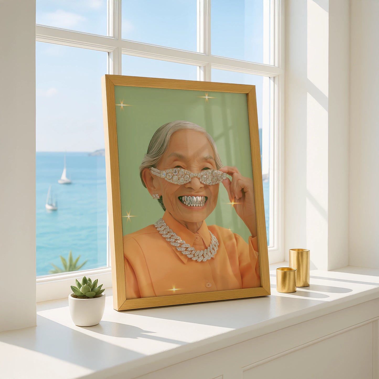 Grandma Grills Wall Art Poster, Funny Old Lady Diamond Bling Print