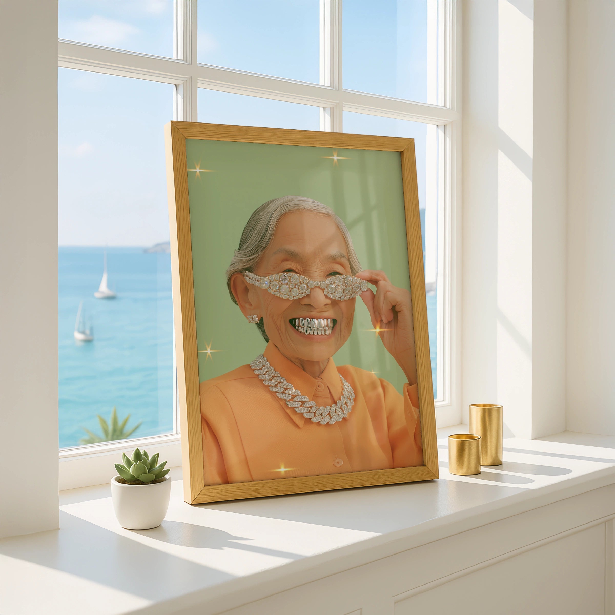 Grandma Grills Wall Art Poster, Funny Old Lady Diamond Bling Print