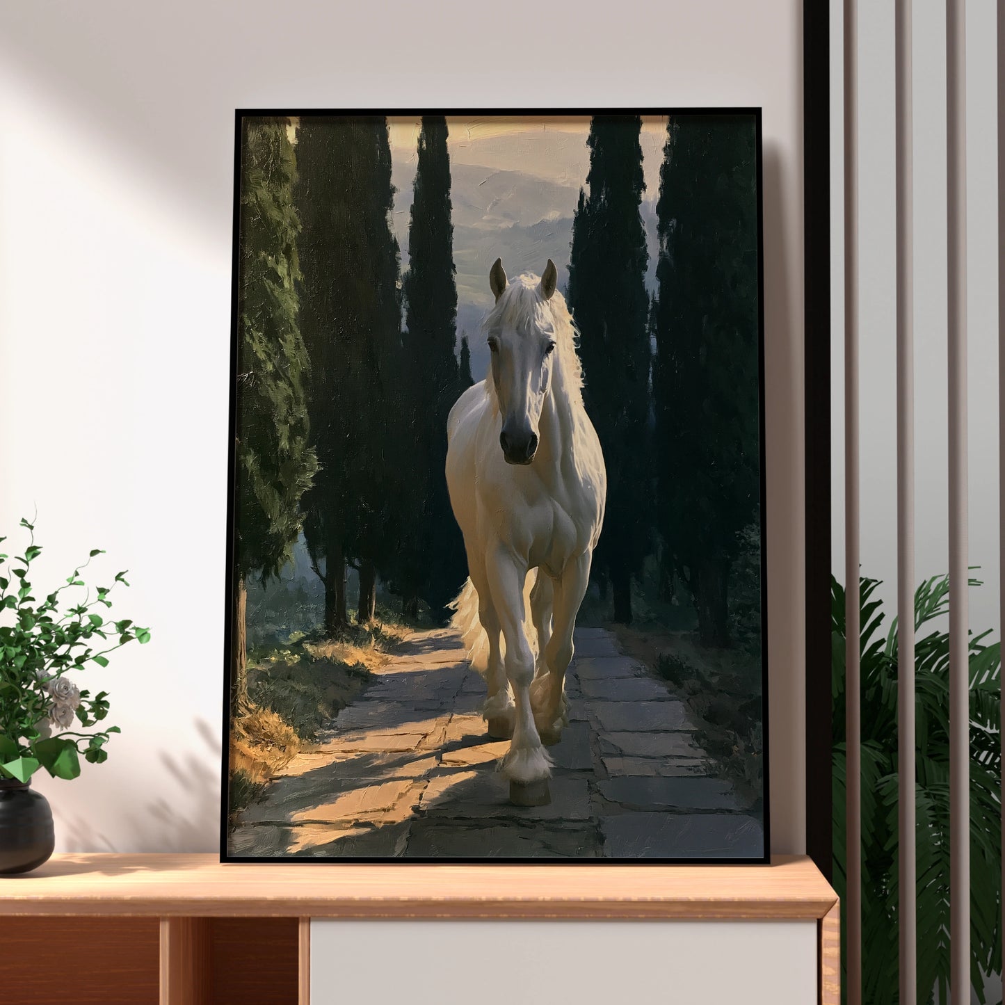 White Stallion Forest Path Poster, Oil Painting Style Horse Wall Art Print