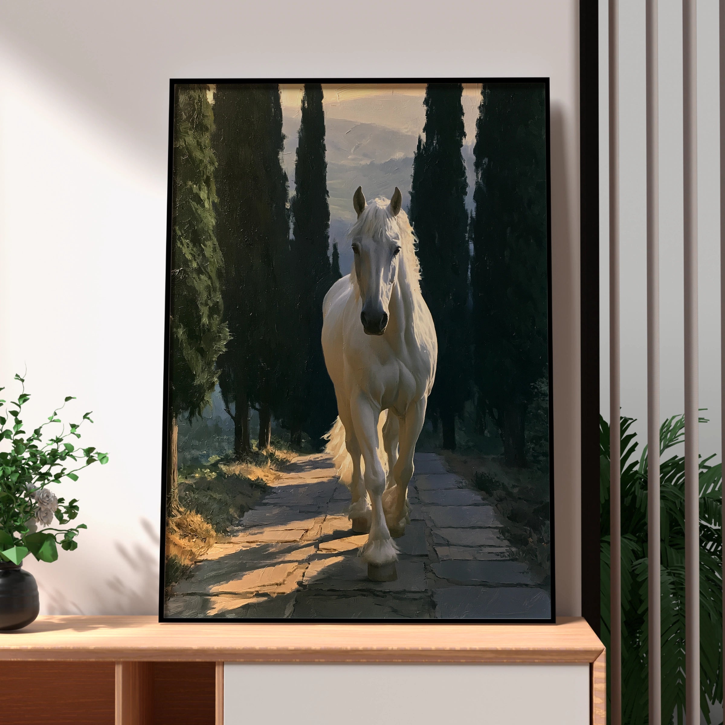 White Stallion Forest Path Poster, Oil Painting Style Horse Wall Art Print