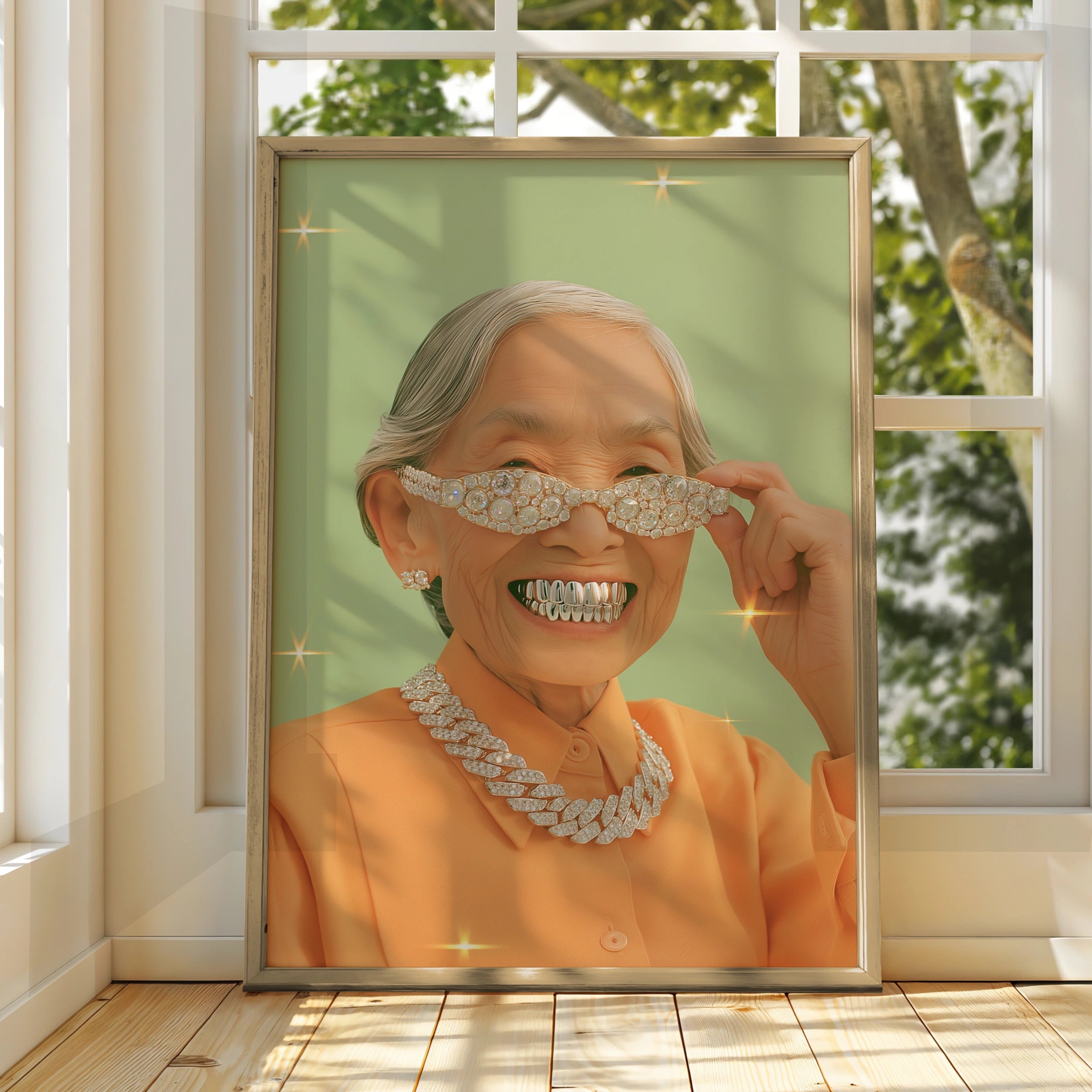 Grandma Grills Wall Art Poster, Funny Old Lady Diamond Bling Print