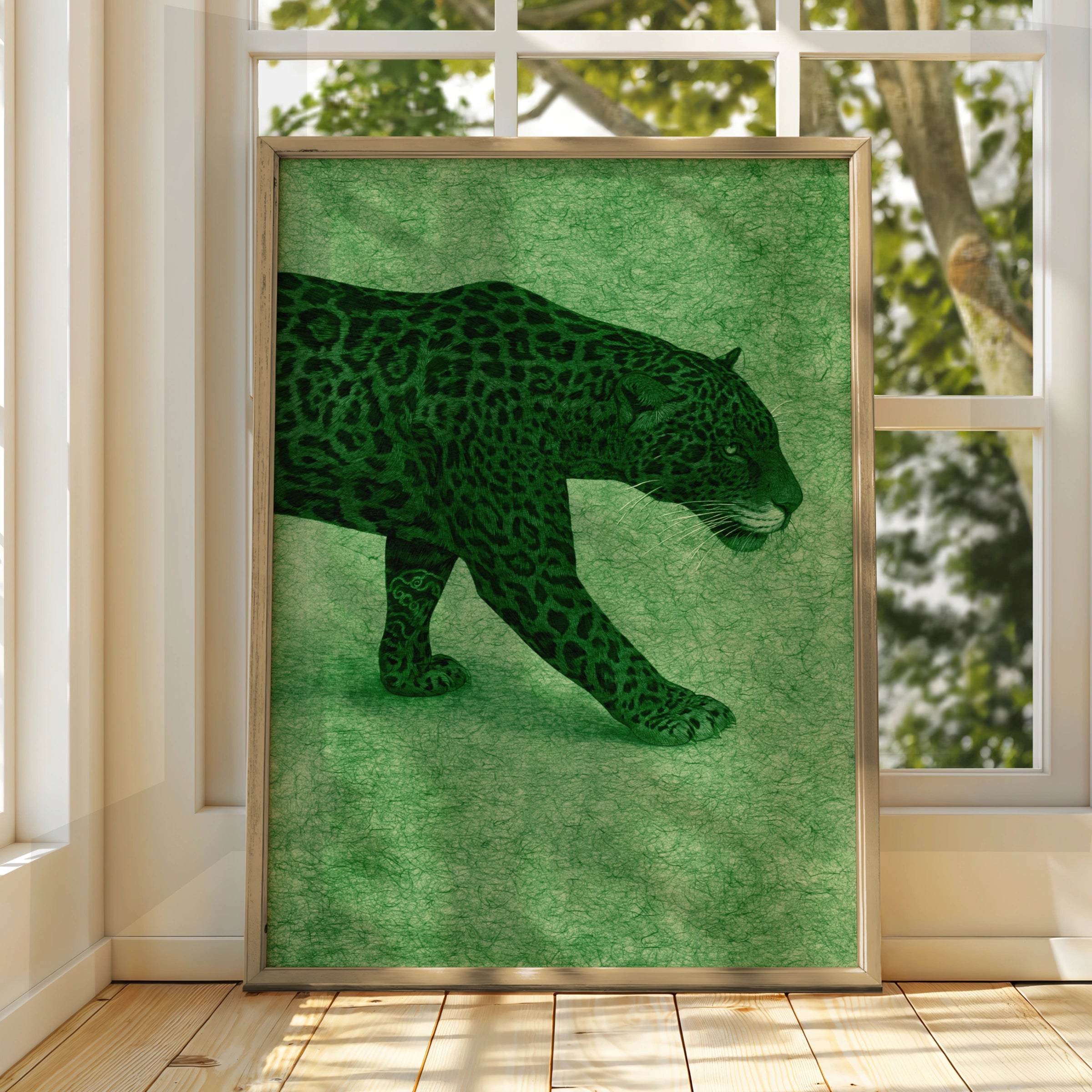 Jaguar Wall Art Poster, Green Big Cat Print, Wild Animal Illustration