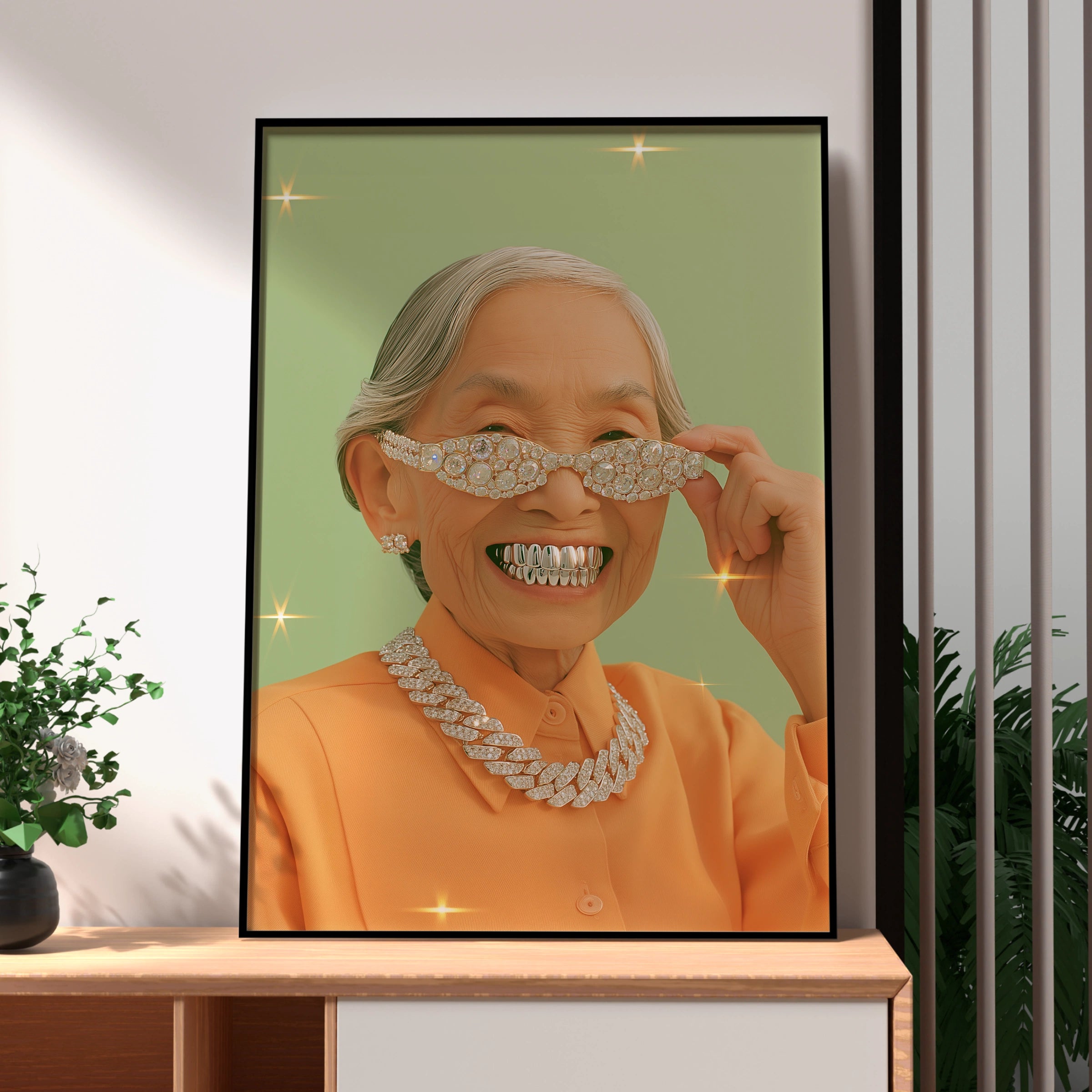 Grandma Grills Wall Art Poster, Funny Old Lady Diamond Bling Print