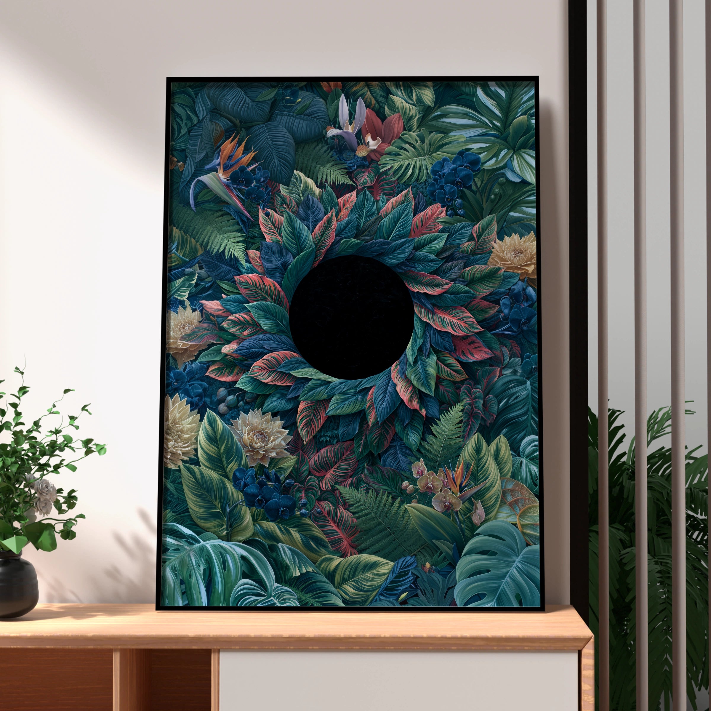 Eclipse Botanical Tropical Leaves Poster, Dark Jungle Floral Wall Art Print