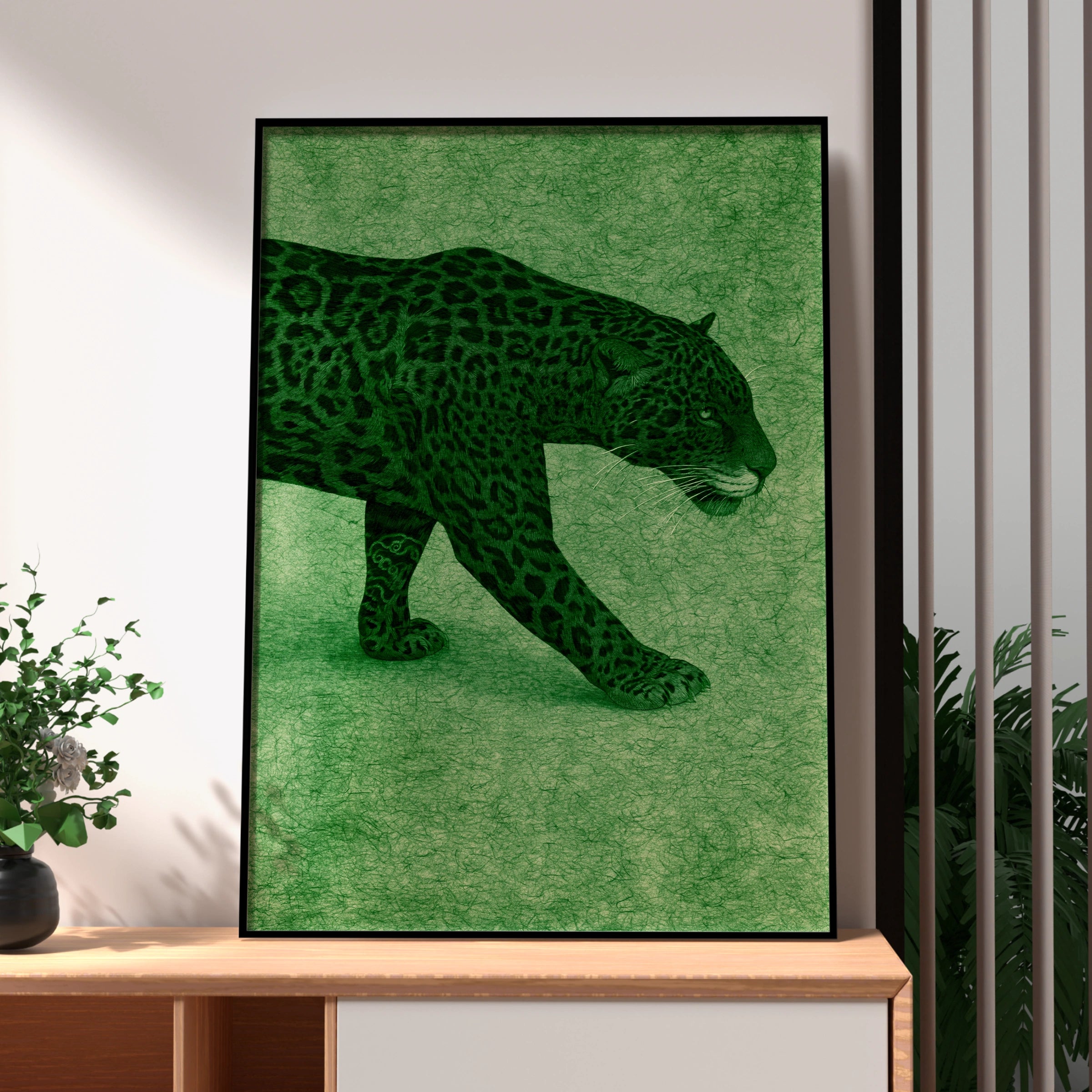 Jaguar Wall Art Poster, Green Big Cat Print, Wild Animal Illustration