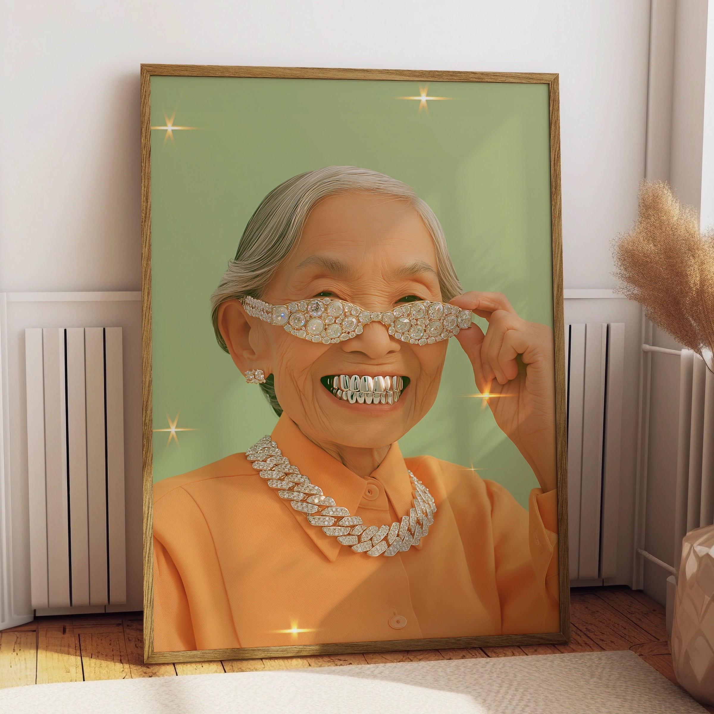 Grandma Grills Wall Art Poster, Funny Old Lady Diamond Bling Print