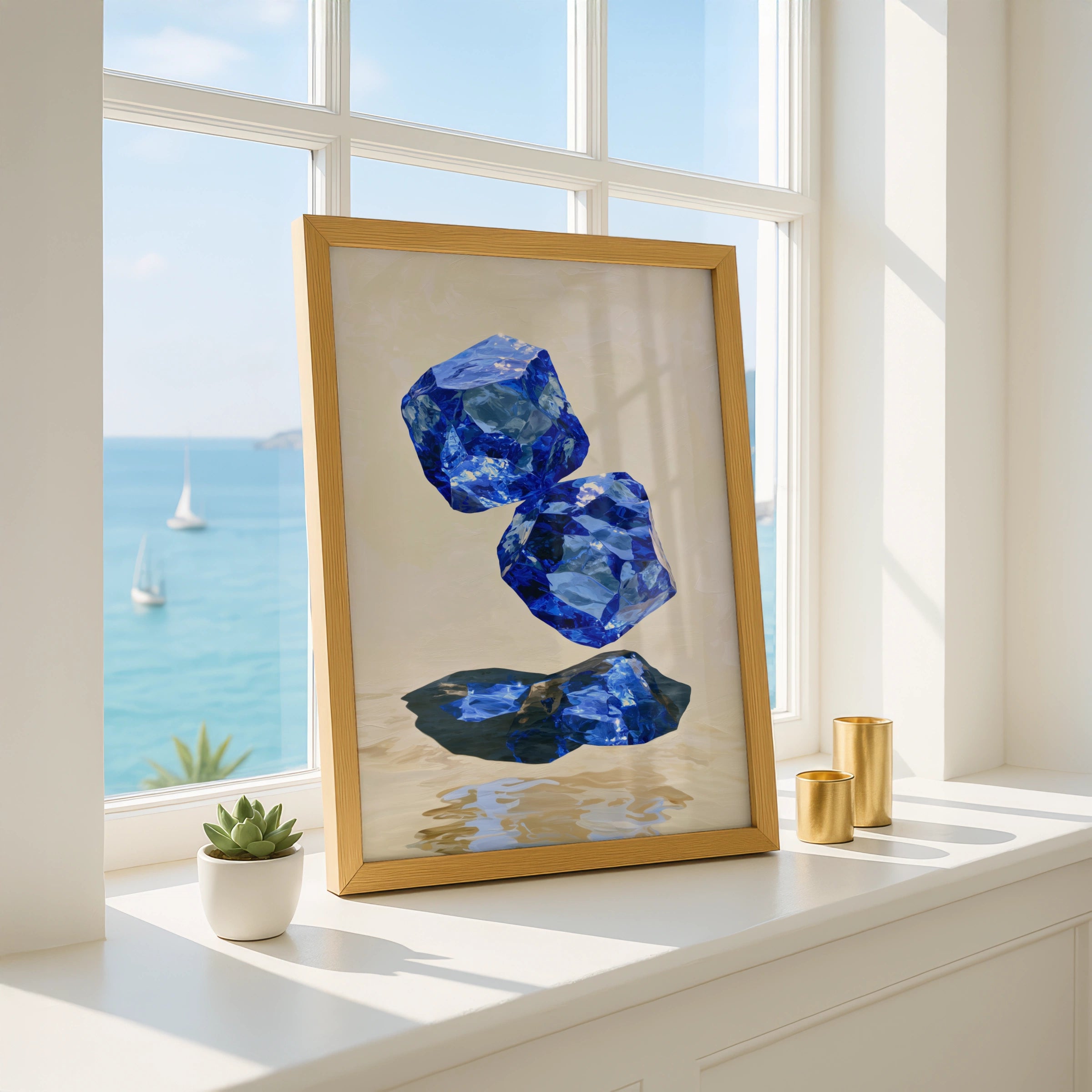 Sapphire Crystal Art Print, Blue Gemstone Poster, Abstract Mineral Wall Art