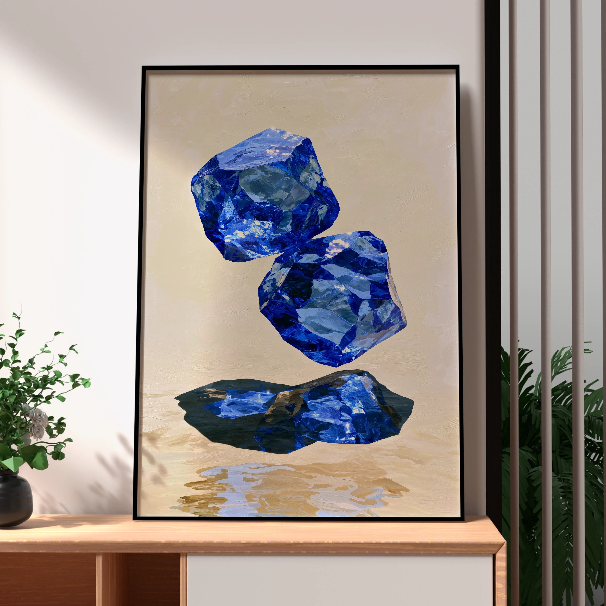 Sapphire Crystal Art Print, Blue Gemstone Poster, Abstract Mineral Wall Art