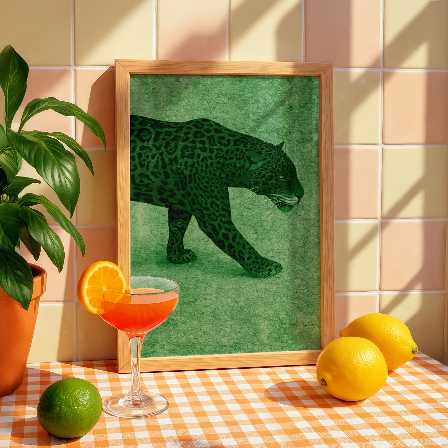 Jaguar Wall Art Poster, Green Big Cat Print, Wild Animal Illustration