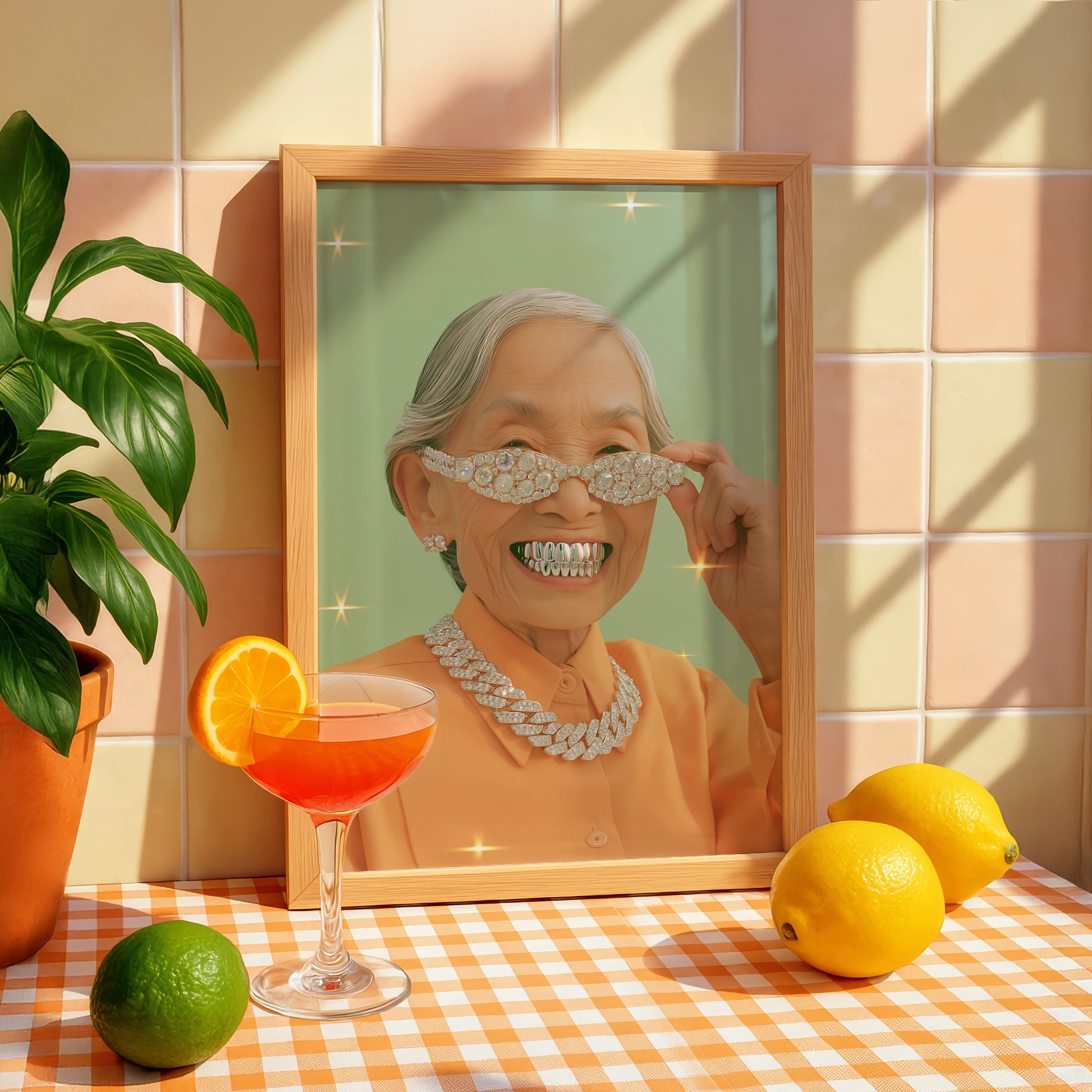 Grandma Grills Wall Art Poster, Funny Old Lady Diamond Bling Print