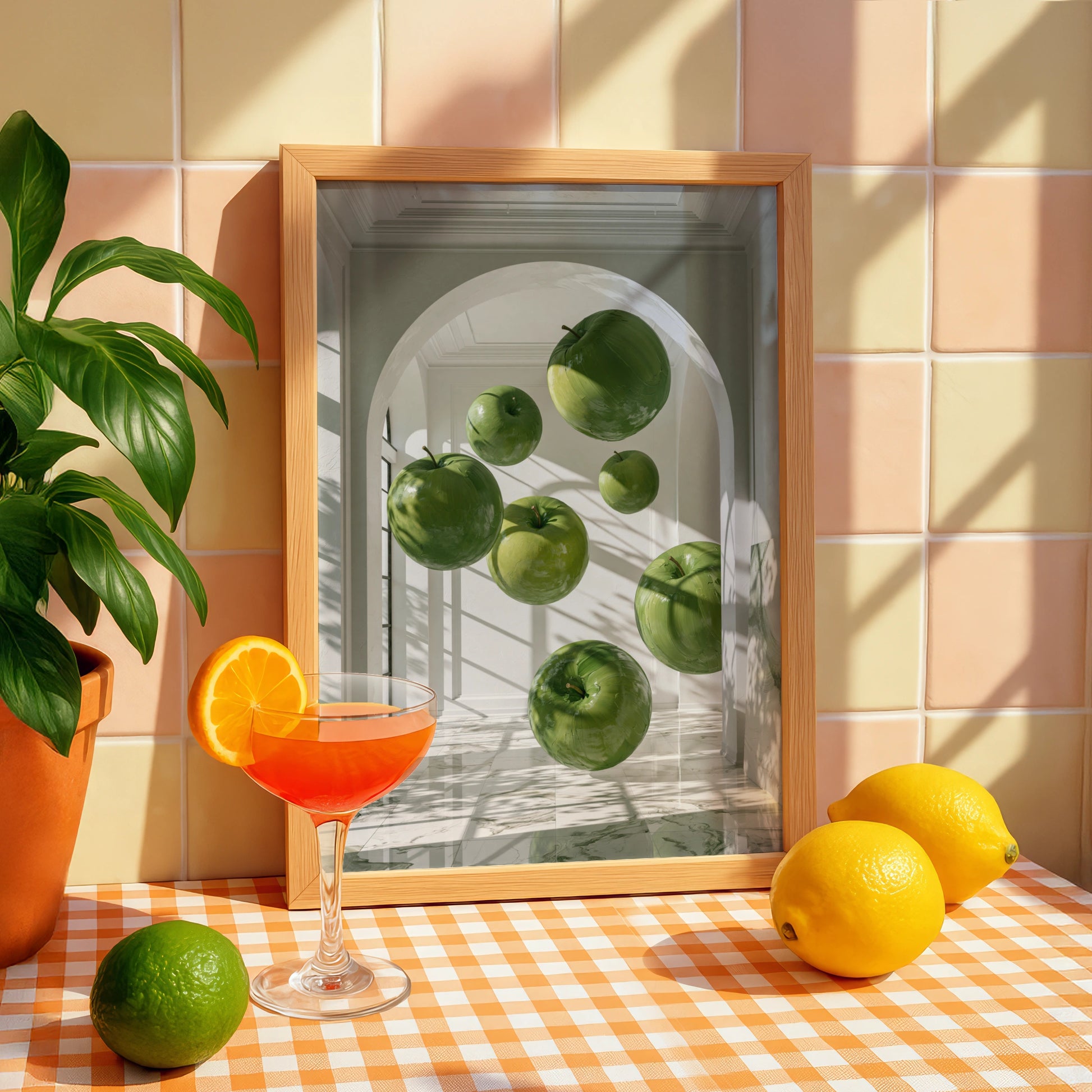 Floating Green Apples Art Print, Surreal Interior Poster, Modern Wall Art
