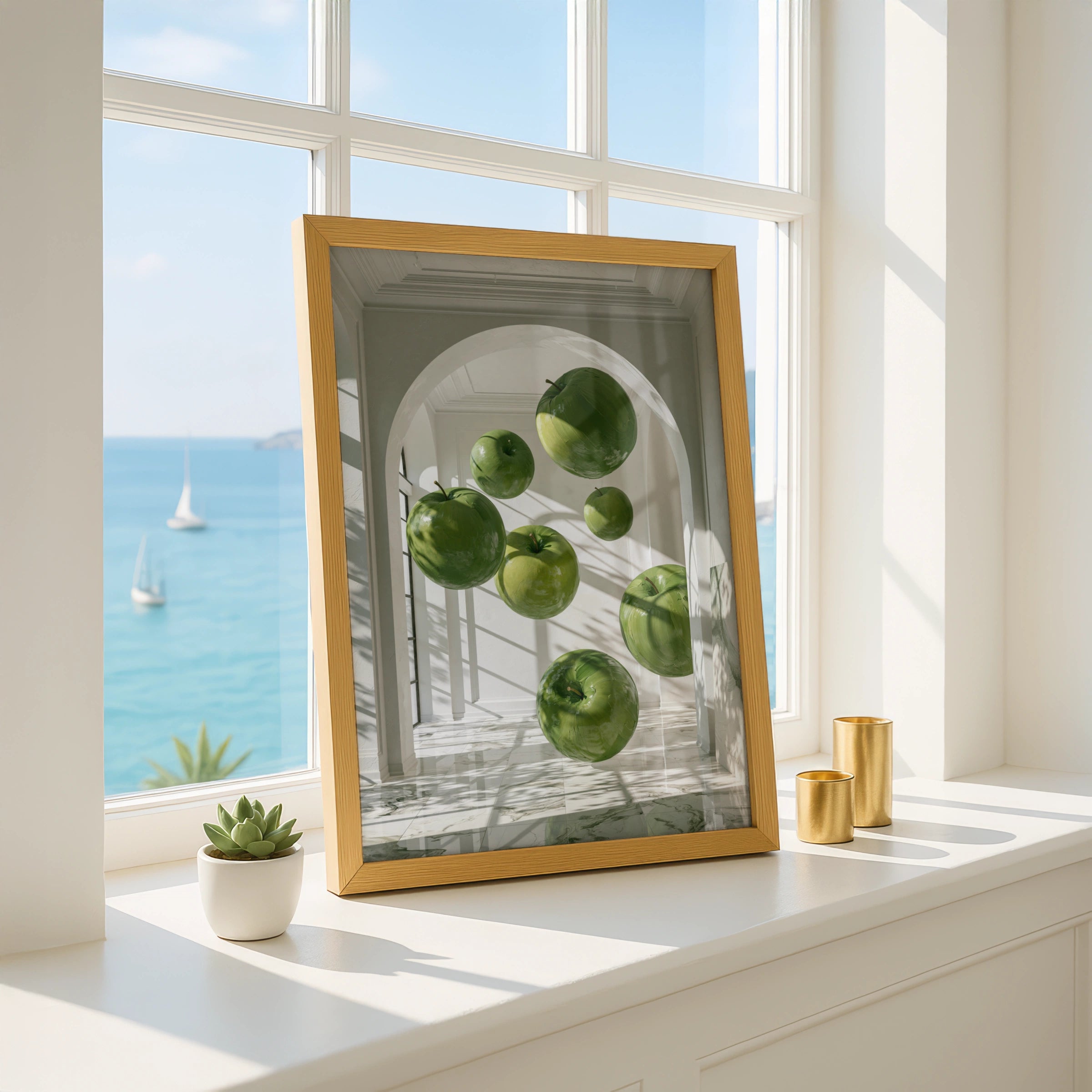 Floating Green Apples Art Print, Surreal Interior Poster, Modern Wall Art