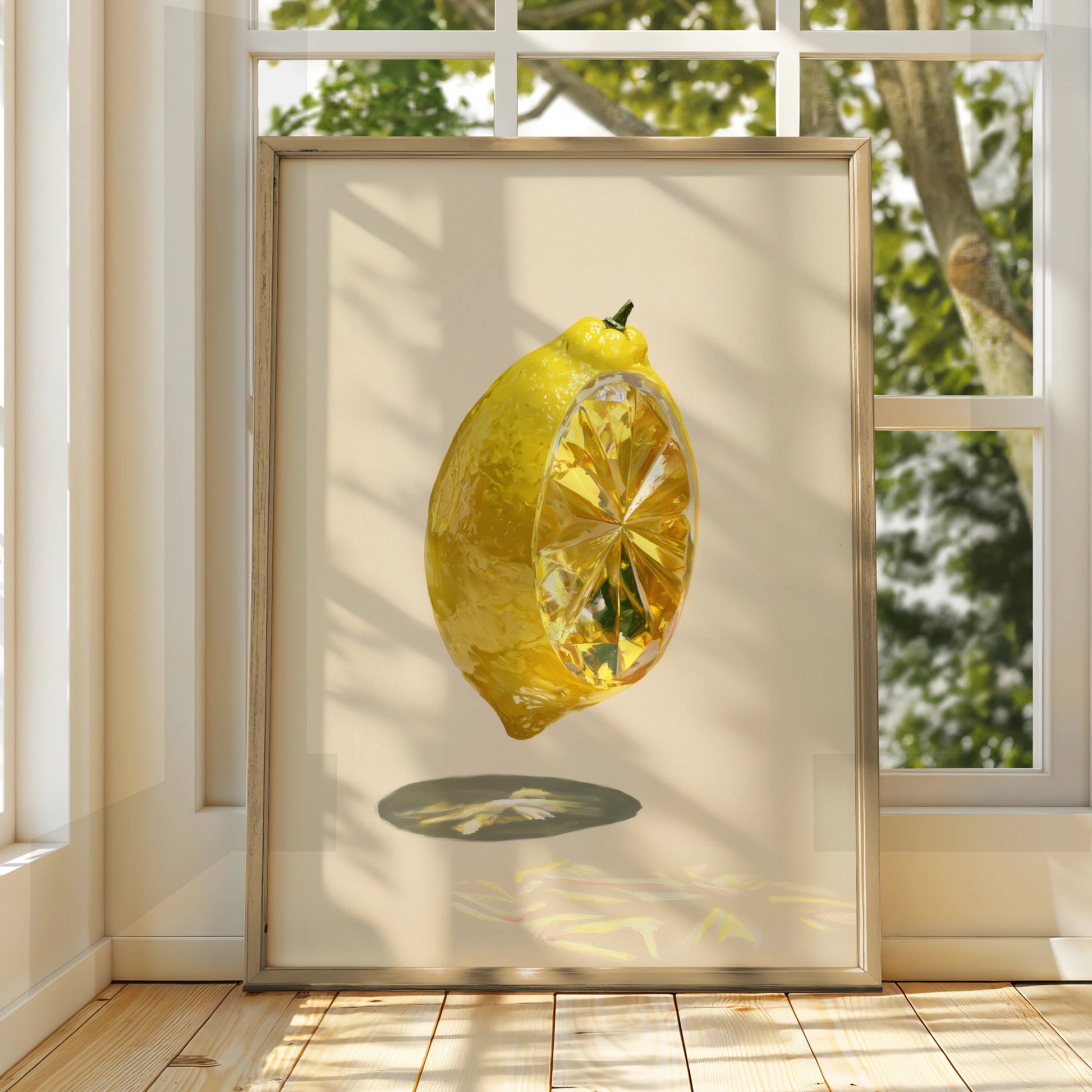 Crystal Lemon Poster, Surreal Fruit Art Print, Yellow Minimalist Wall Art