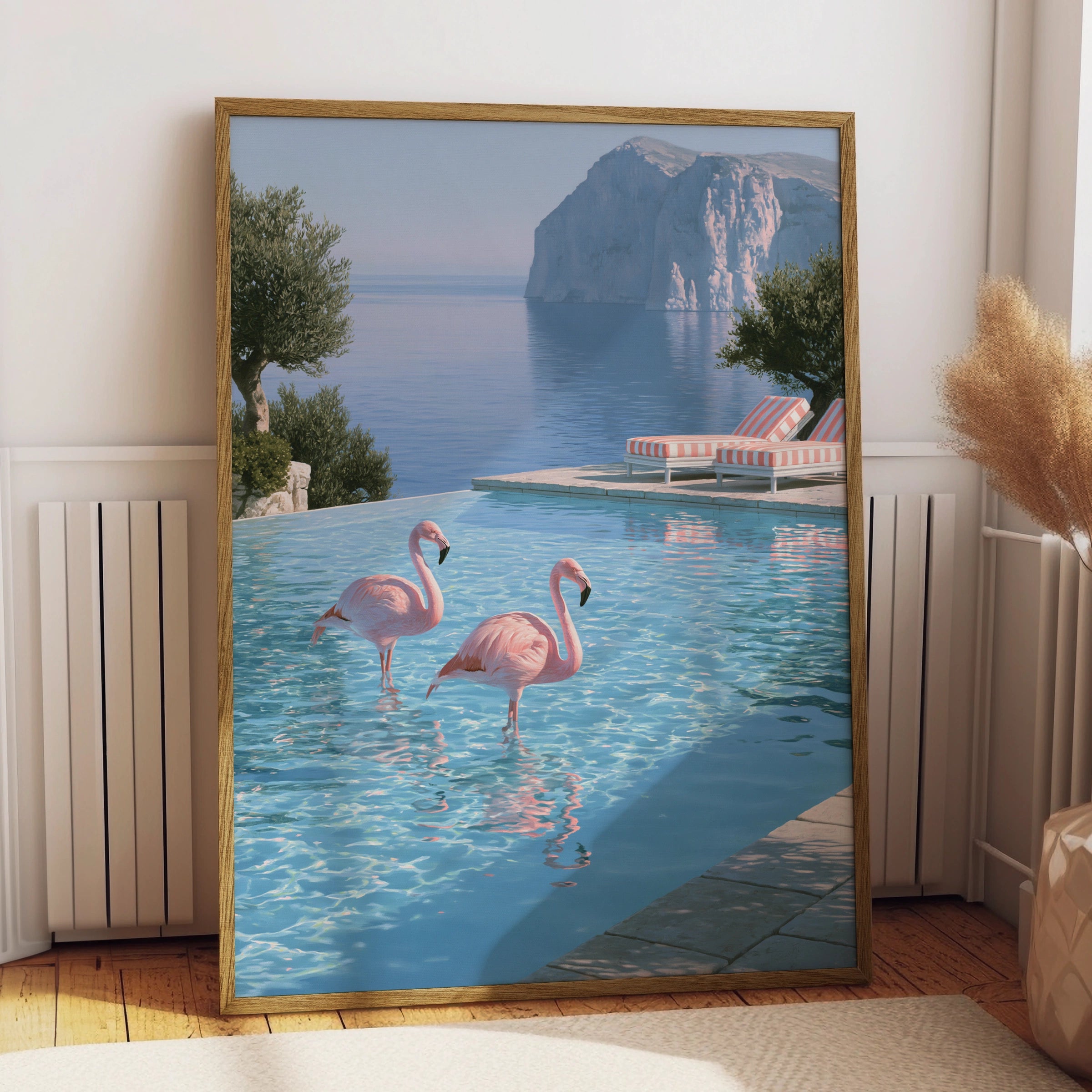 Flamingos in Infinity Pool, Mediterranean Cliff View, Wall Art Poster