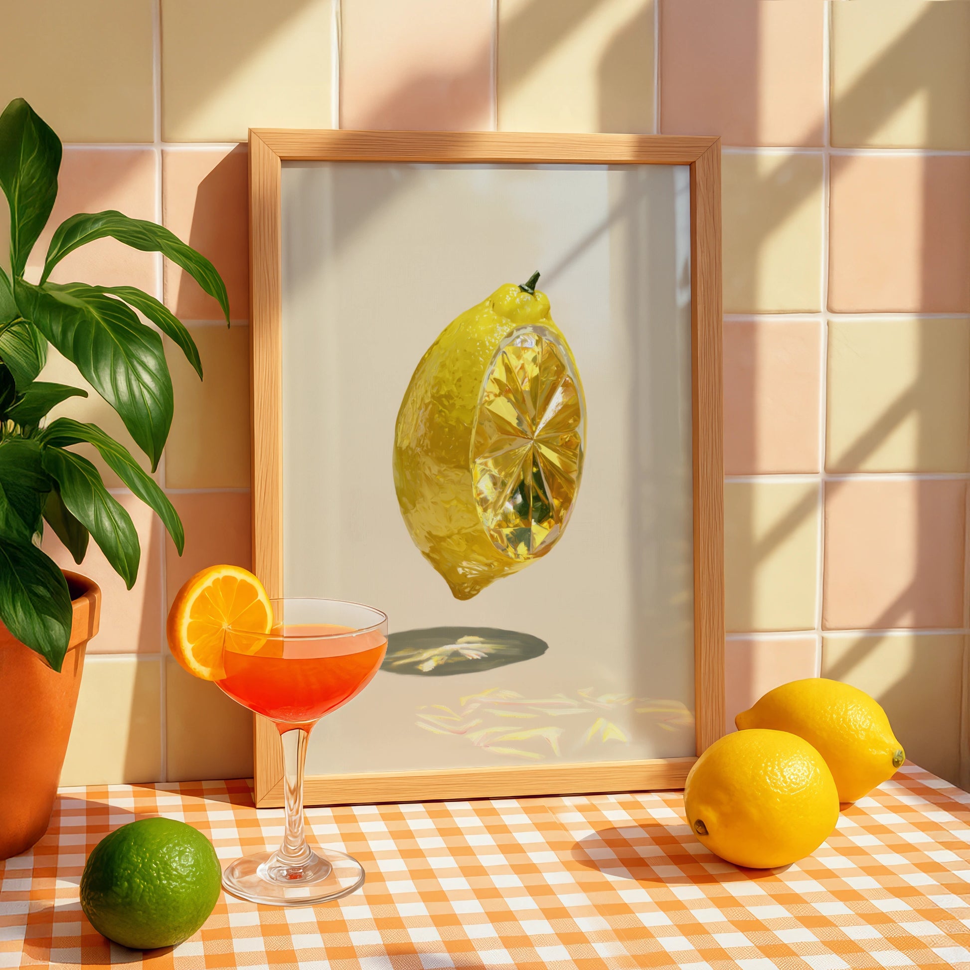 Crystal Lemon Poster, Surreal Fruit Art Print, Yellow Minimalist Wall Art
