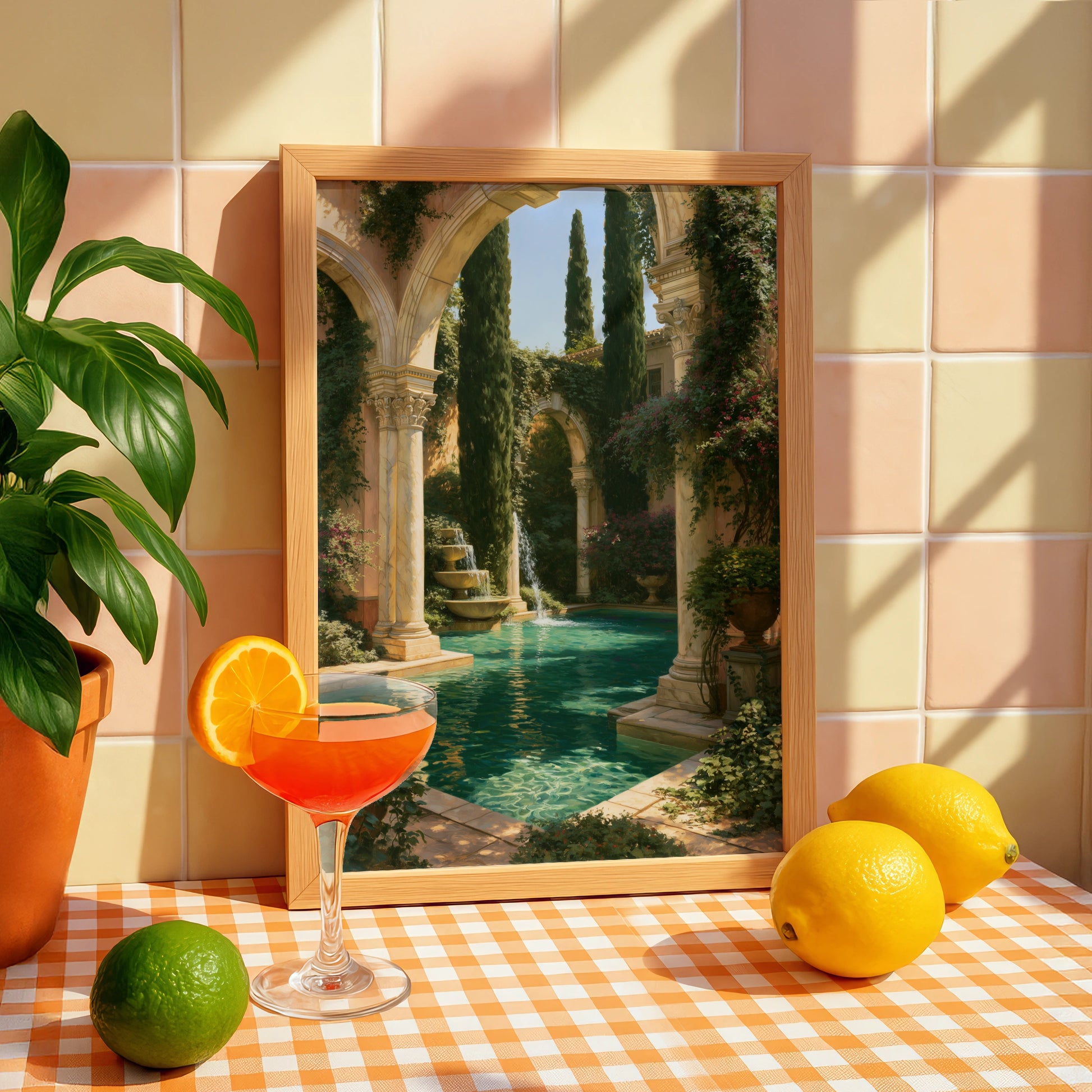 Roman Pool Garden Poster, Classical Courtyard Art Print, Mediterranean Style