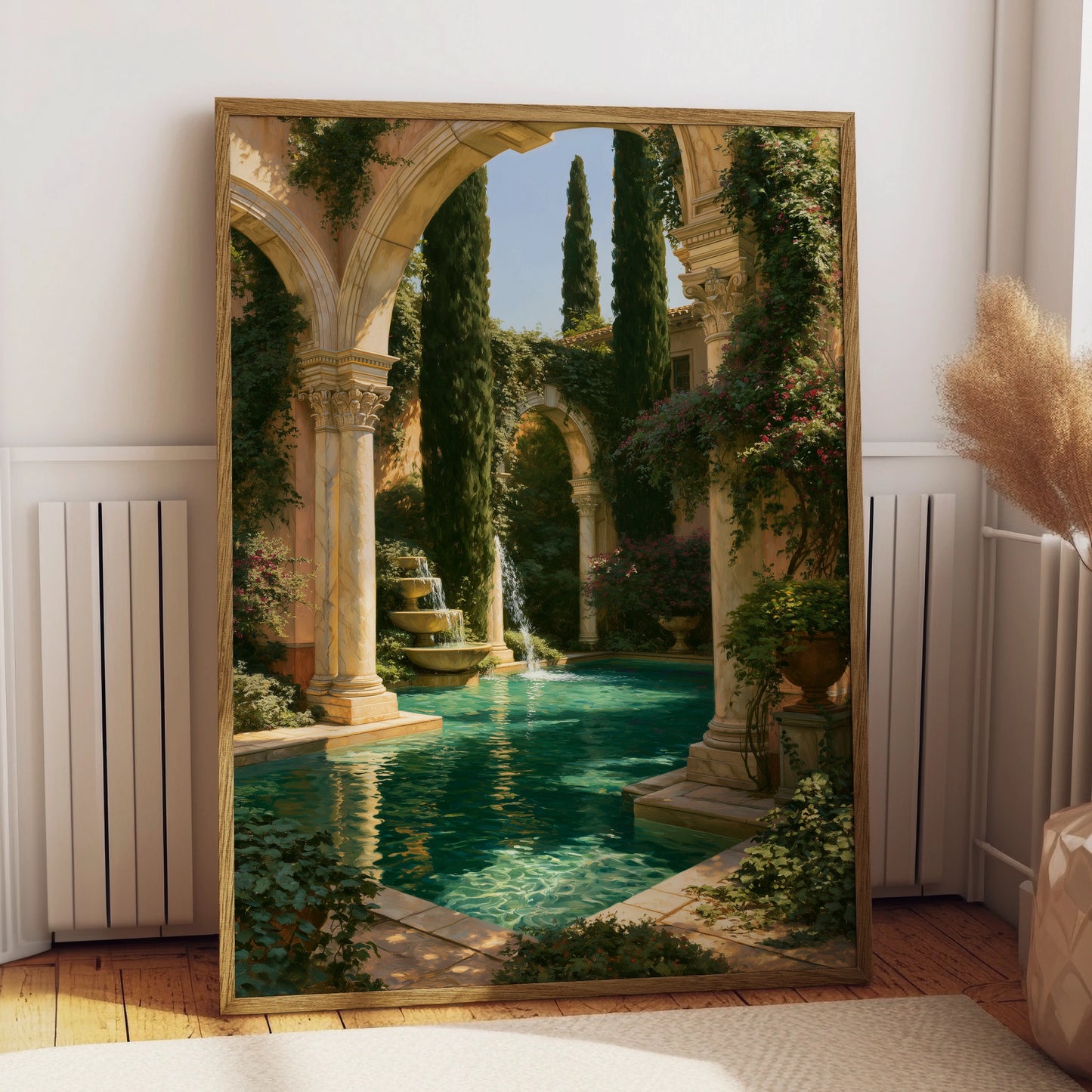 Roman Pool Garden Poster, Classical Courtyard Art Print, Mediterranean Style