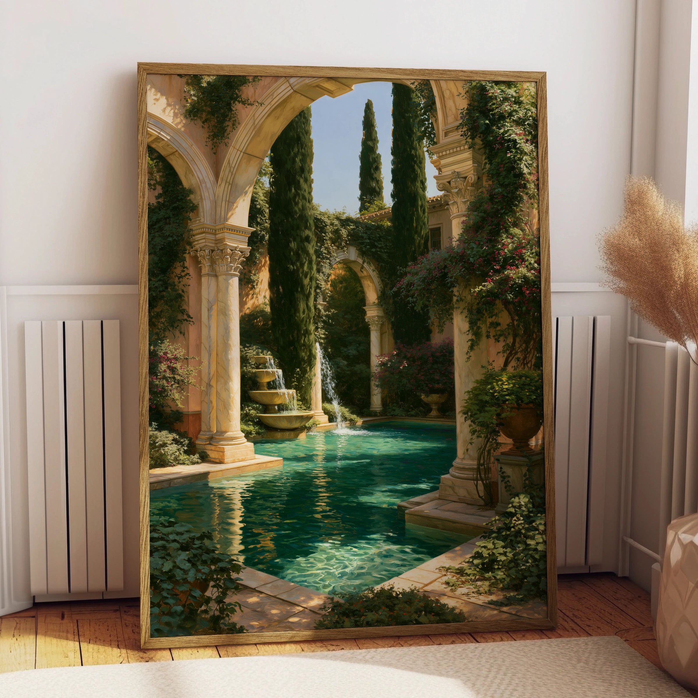 Roman Pool Garden Poster, Classical Courtyard Art Print, Mediterranean Style
