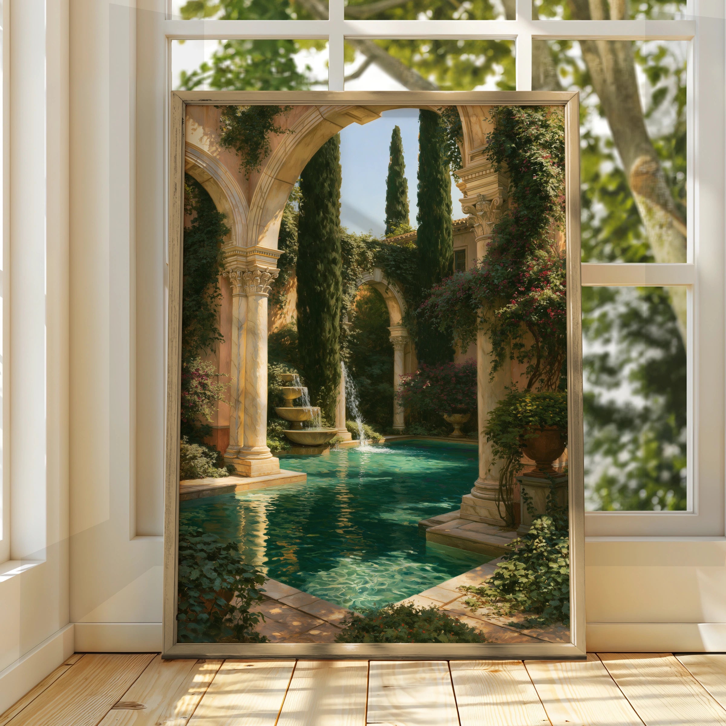 Roman Pool Garden Poster, Classical Courtyard Art Print, Mediterranean Style