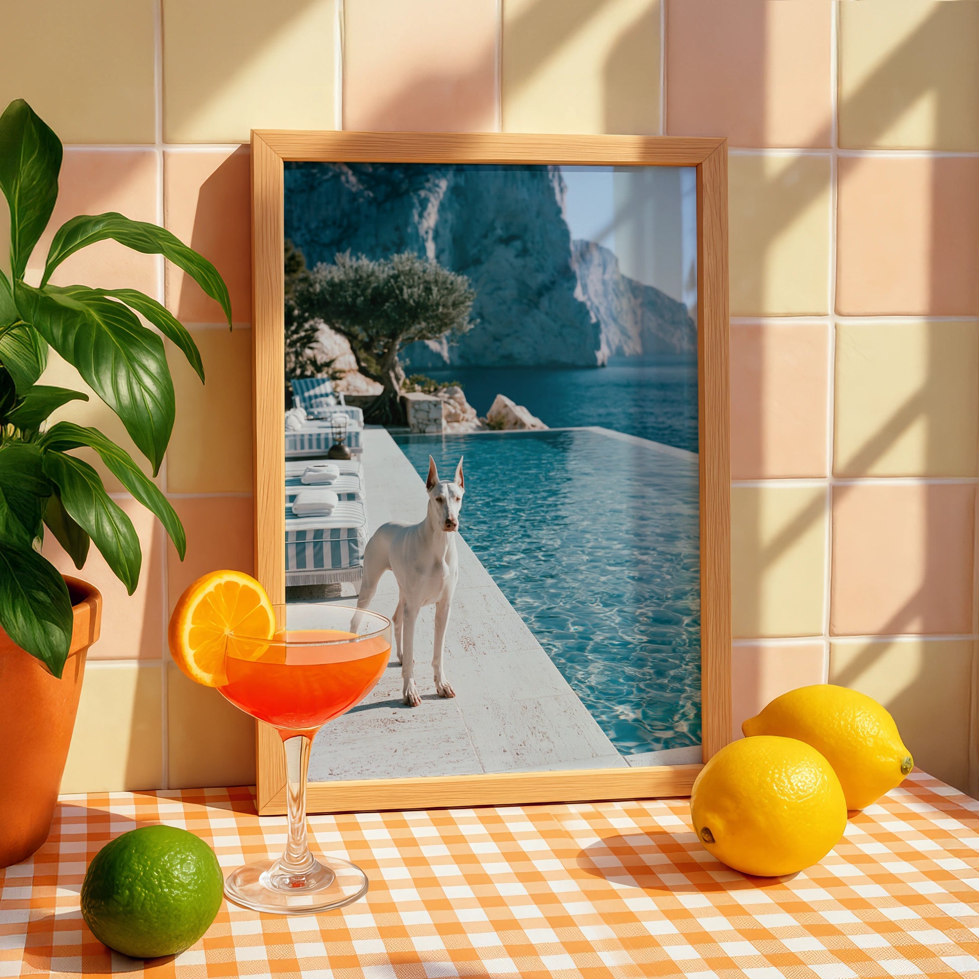 Dobermann Infinity Pool Poster, White Dog Mediterranean Cliffs, Luxury Print