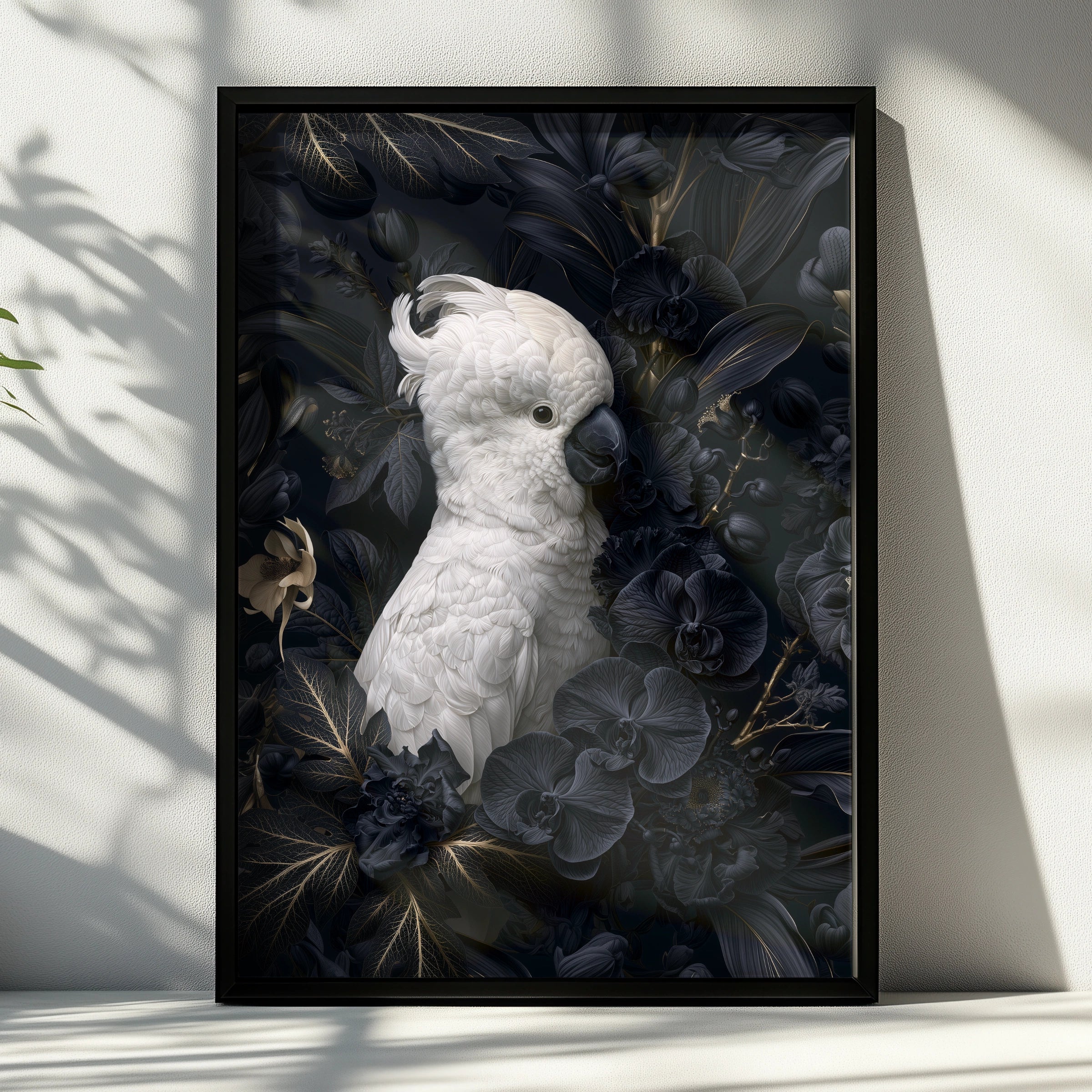 White Cockatoo Poster, Dark Floral Bird Print, Moody Botanical Wall Art