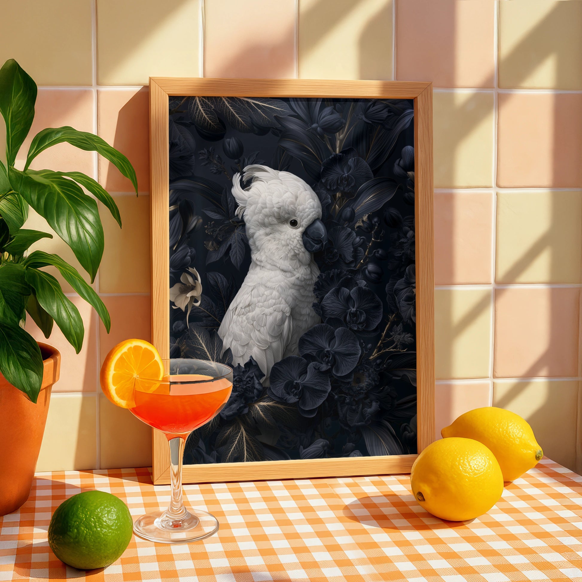White Cockatoo Poster, Dark Floral Bird Print, Moody Botanical Wall Art