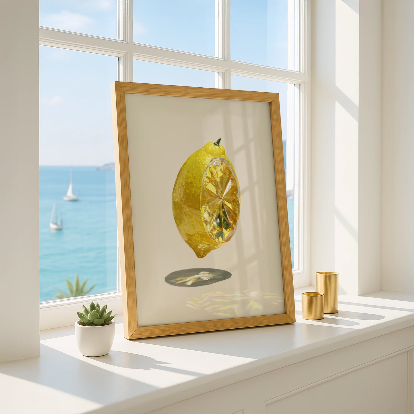 Crystal Lemon Poster, Surreal Fruit Art Print, Yellow Minimalist Wall Art