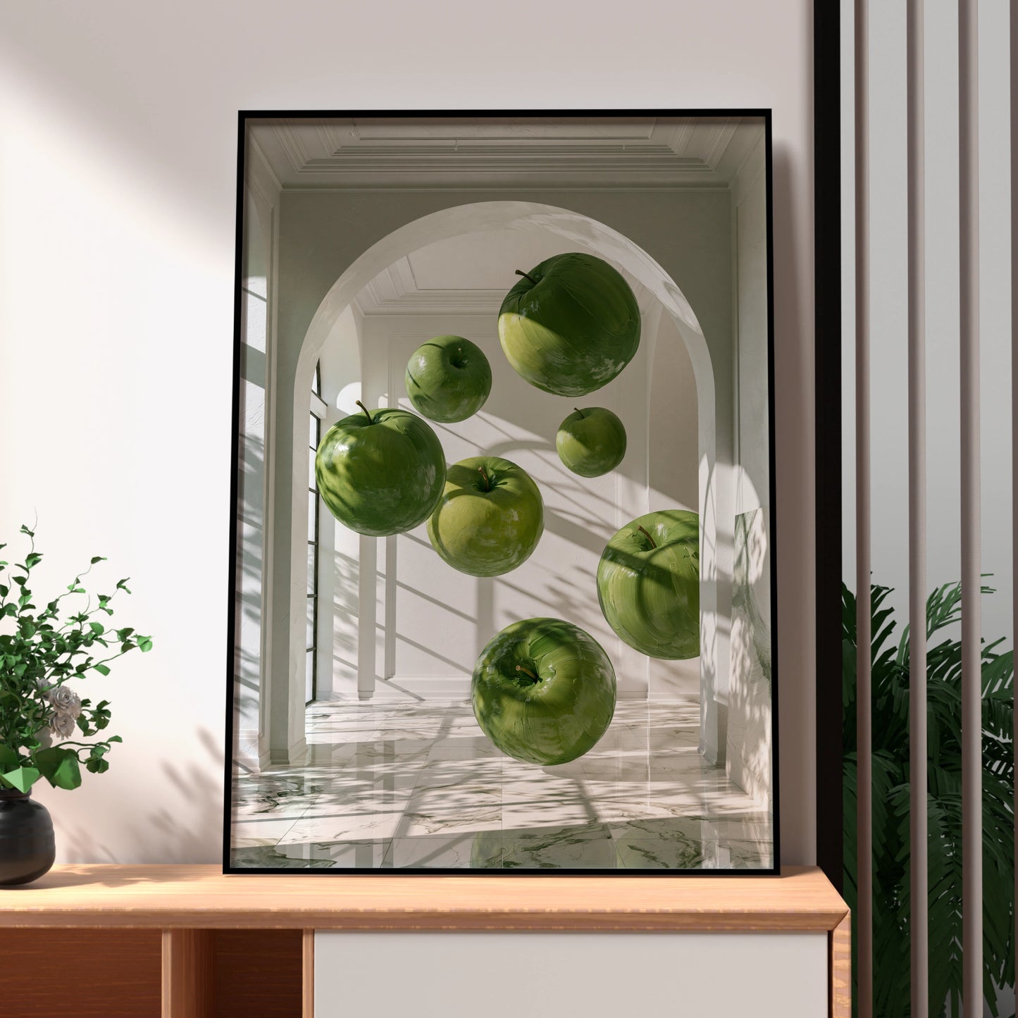 Floating Green Apples Art Print, Surreal Interior Poster, Modern Wall Art