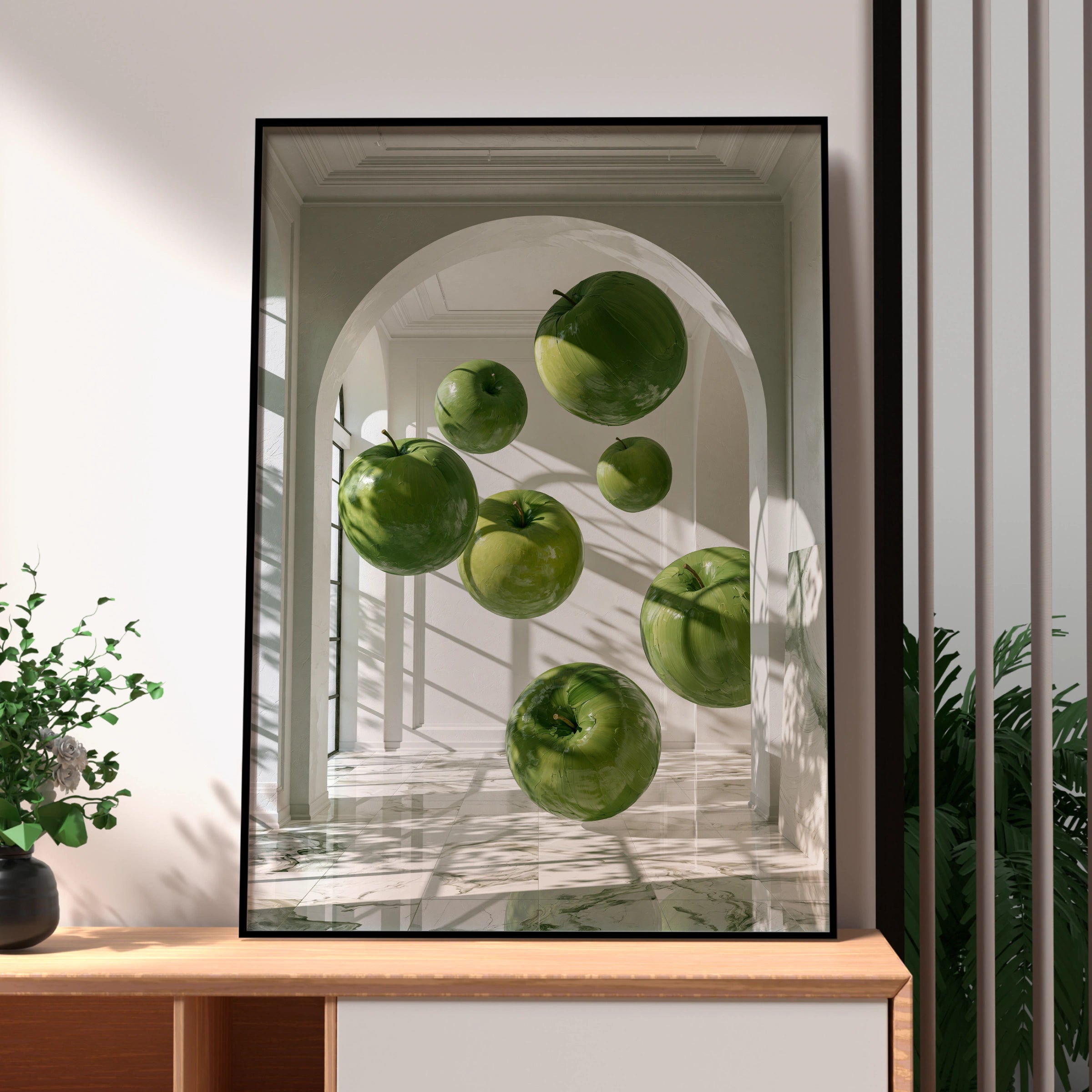 Floating Green Apples Art Print, Surreal Interior Poster, Modern Wall Art