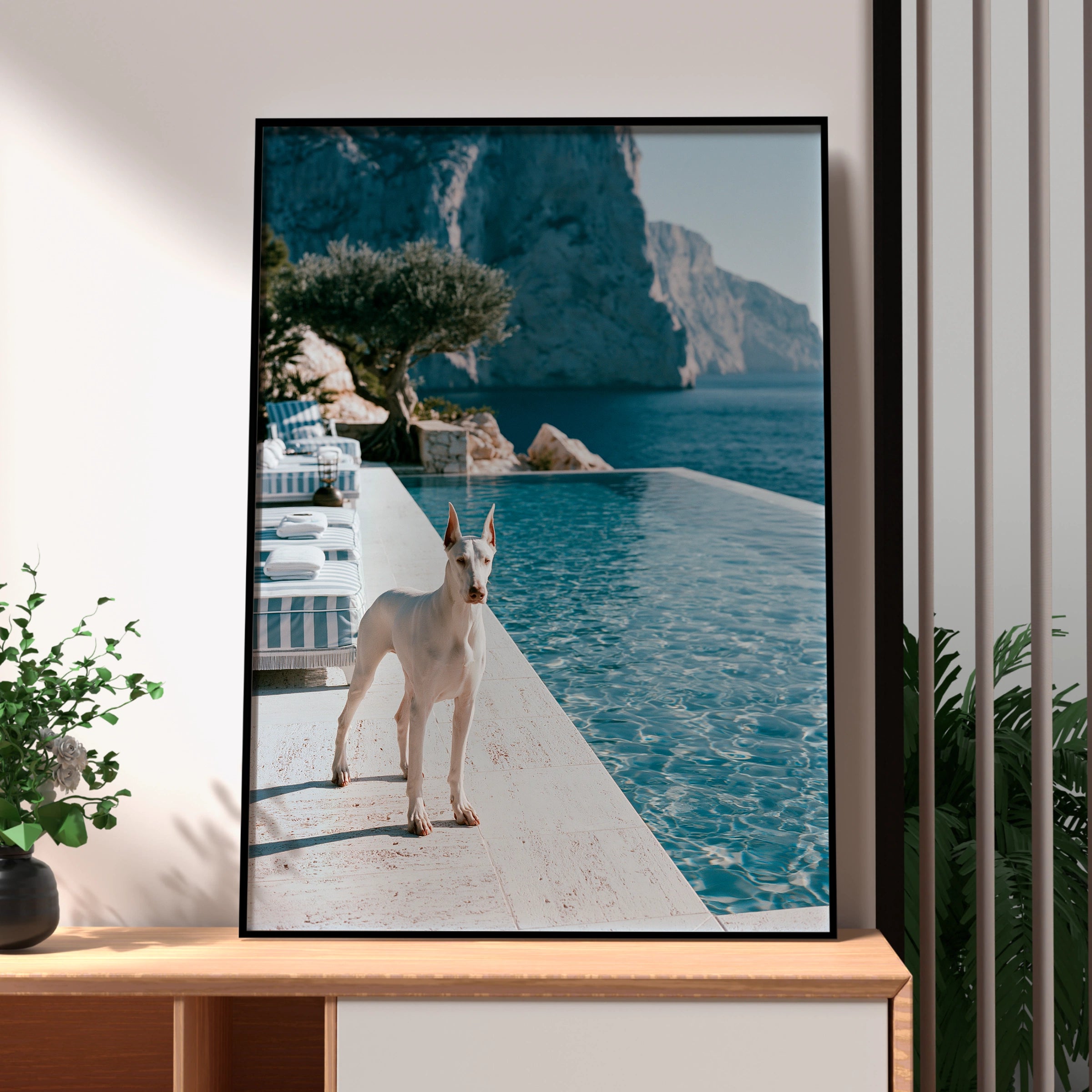Dobermann Infinity Pool Poster, White Dog Mediterranean Cliffs, Luxury Print