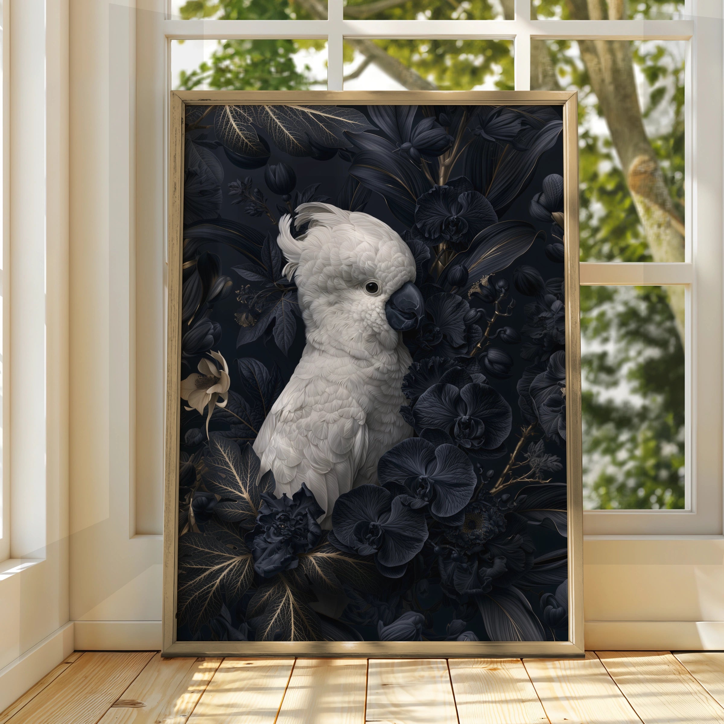 White Cockatoo Poster, Dark Floral Bird Print, Moody Botanical Wall Art